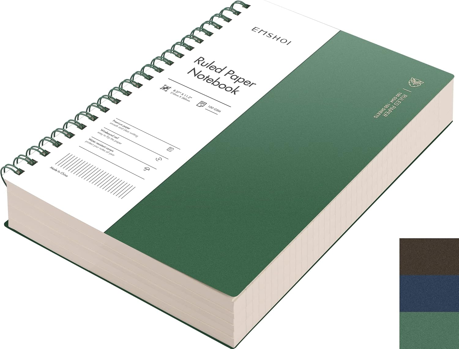EMSHOI A4 Notebook Lined 300 Perforated Pages/150 Tear Sheets, Wirebound Spiral Notepad, 100gsm Thick Paper, Waterproof Softcover, Writing Journal for Work Office School, 21.5×27.9cm, Dark Green