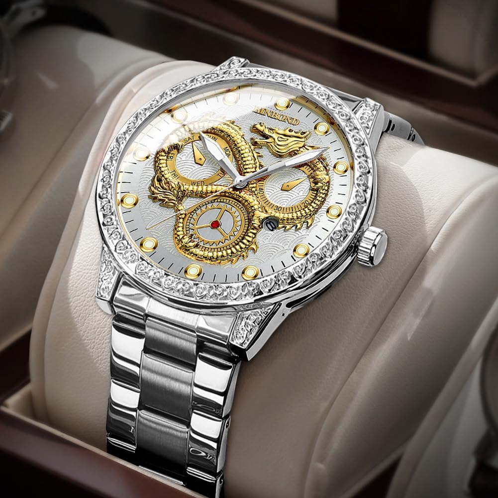 BINBOND Gold Dragon Watches for Men Stainless Steel Luxury Dress Business Big Face Dial Date Men's Wrist Watch Gift Waterproof Luminous