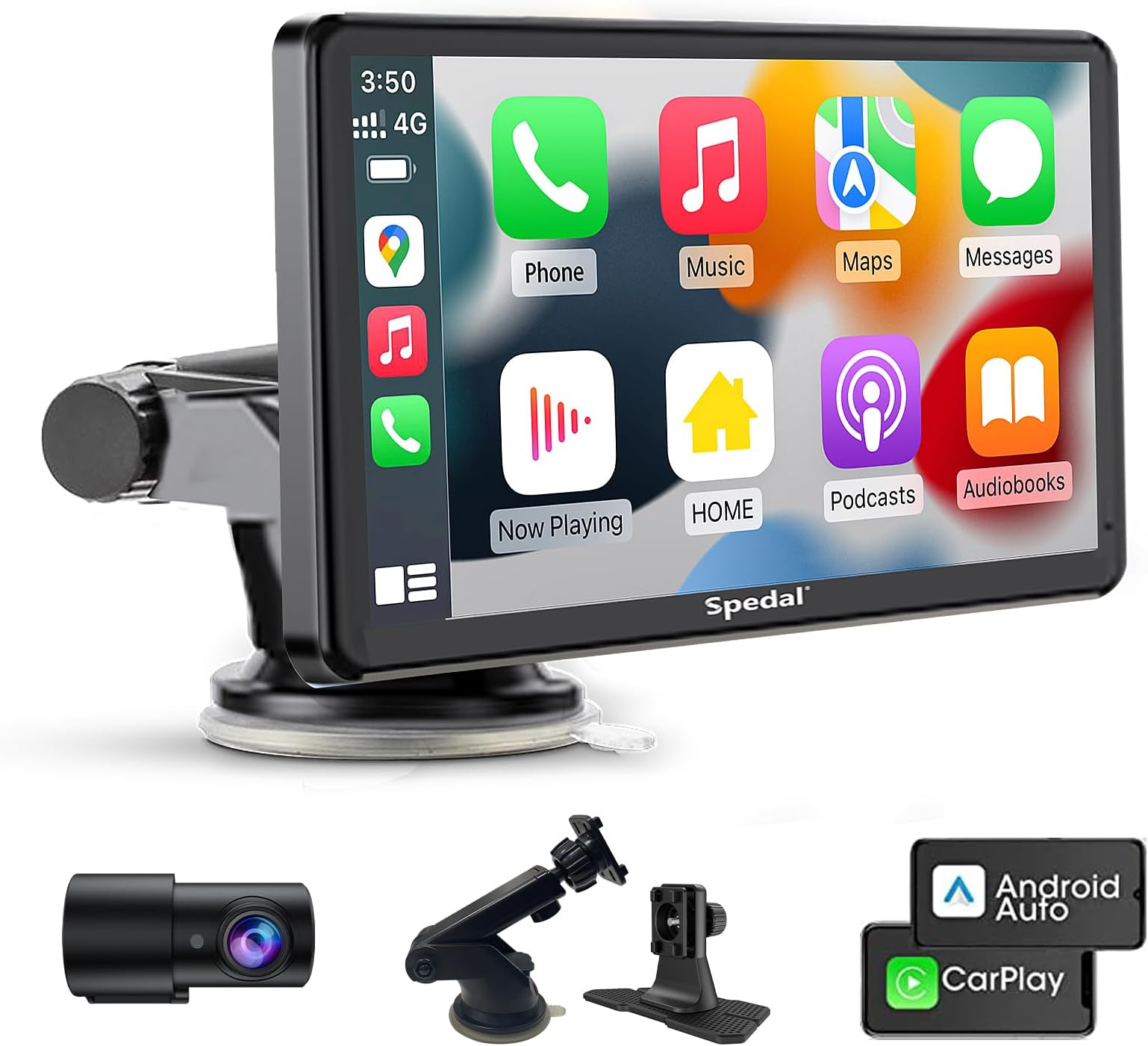 Spedal Wireless Apple Carplay & Android Auto with 2K Dash Cam Front Camera, Portable Car Stereo with 7 Inch Car Play Screen, Bluetooth, WiFi, AirPlay, AUX/FM Transmitter Supports Most Car Models