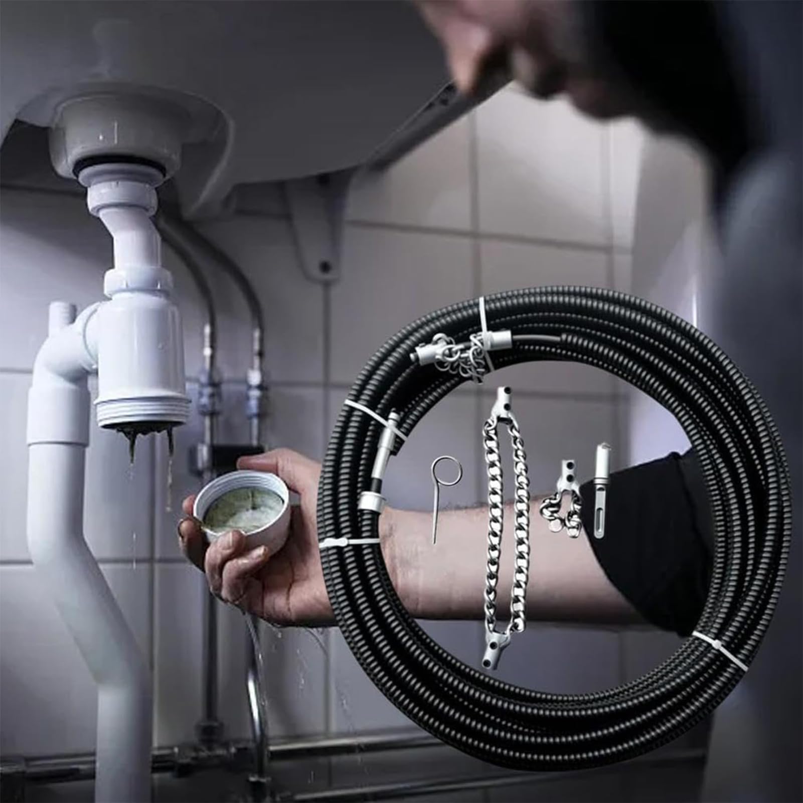 GAOXIAO Furet Électrique Deboucheur Canalisation Professionnel, Chaîne de Détartrage D'égout Flex-Shaft, pour Canalisations en PVC Toilettes Bacs Graisse Chaudières 10 m