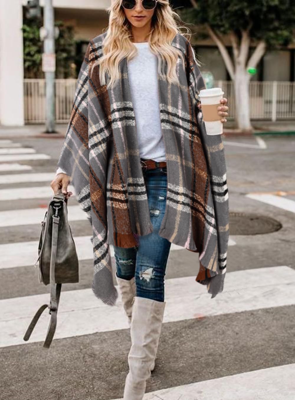 Bestshe Women's Boho Open Front Poncho Knitted Plaid Shawl Wrap Cape Tassel Cardigan Sweater - Image 5