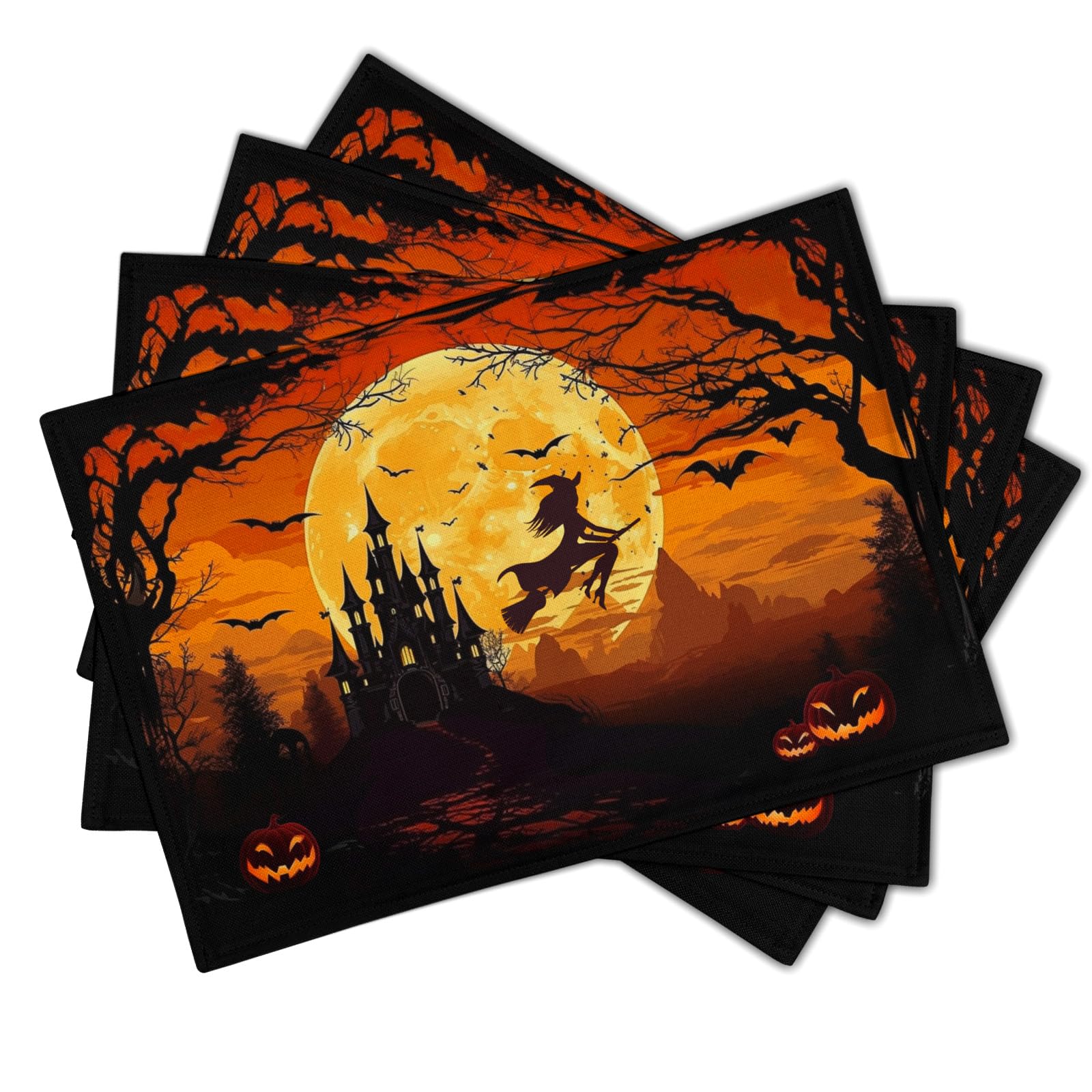 Halloween Witch Linen Placemats Set of 4 12x18 Inch Bat Castle Pumpkin Table Mat Heat-Resistant Washable Wipeable Place Mat for Party Kitchen Dining Home Decor