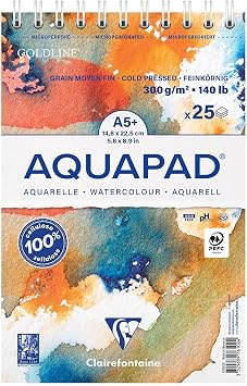 Clairefontaine Aquapad 976102C Micro-Perforated Spiral Pad A5 14.8 x 21 cm 300 g 25 Sheets of White Watercolour Paper Medium Fine Grain Ideal for Wet Technique