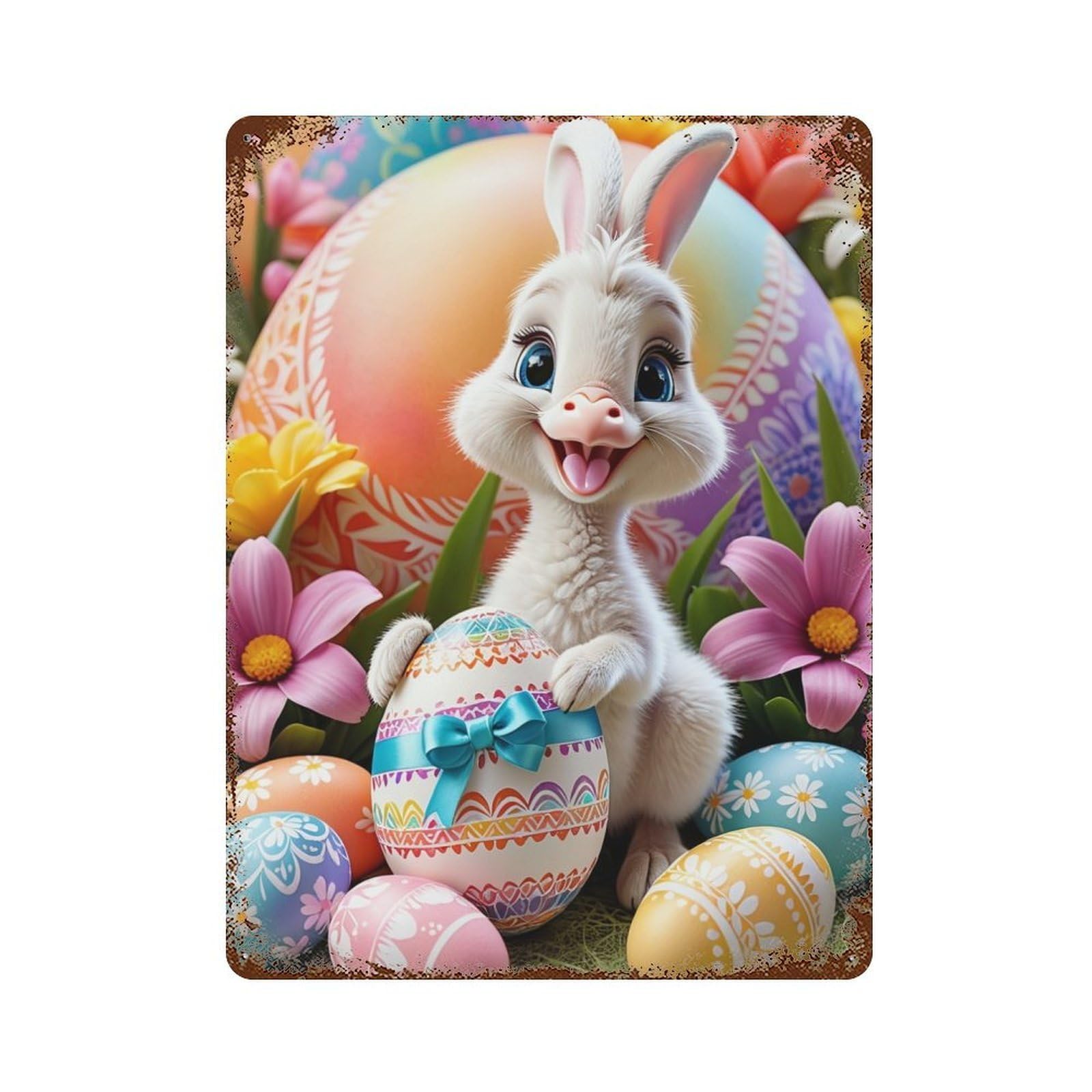 Easter Bunny with Decorated Eggs Rust Effect Tin Sign 15.7"x11.8", Retro Wall Decor for Pub, Kitchen And Man Cave Decor