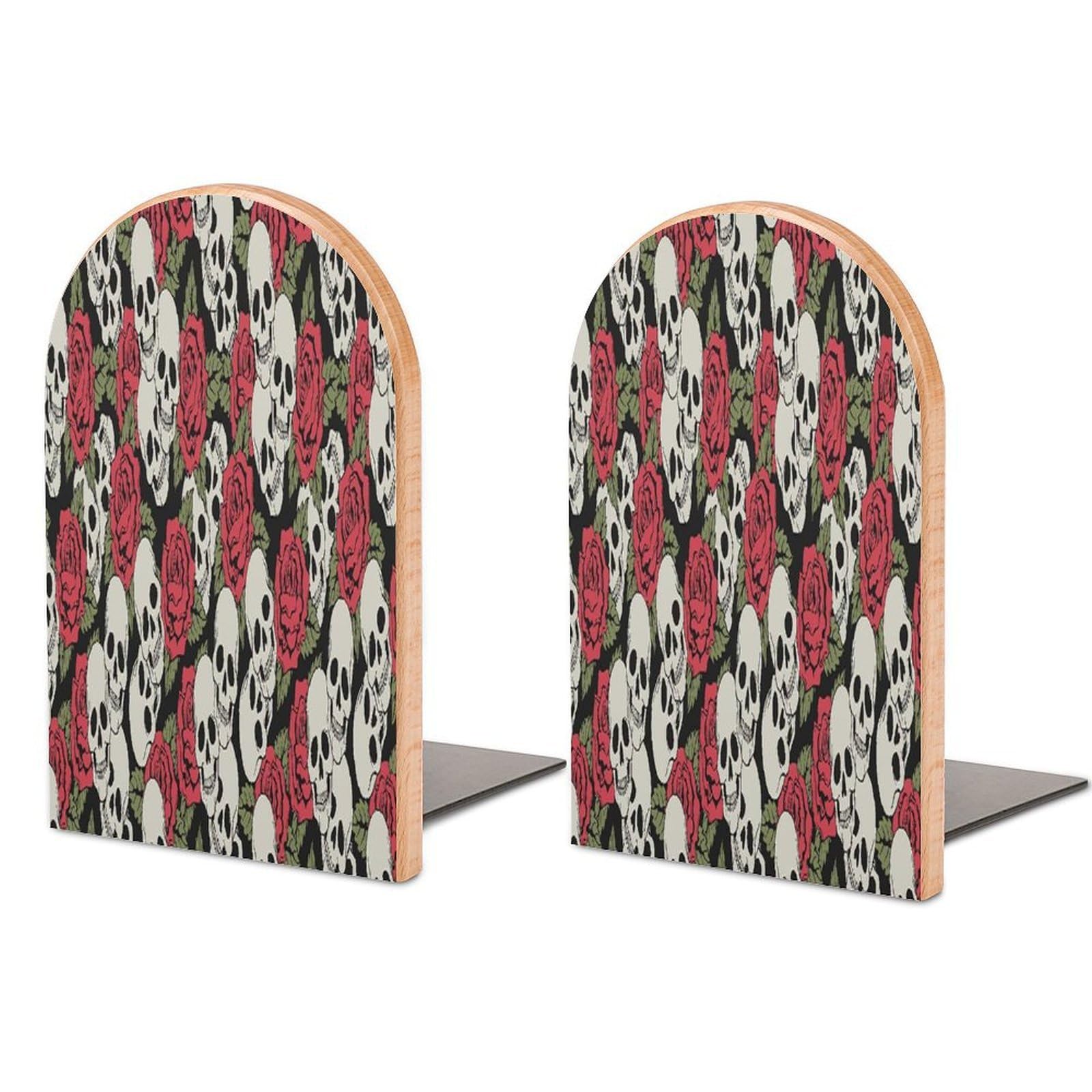 Vintage Red Rose Skull Beech Wood Bookends Heavy Duty Book Organizers Desktop File Holder for Office Home Bookshelf