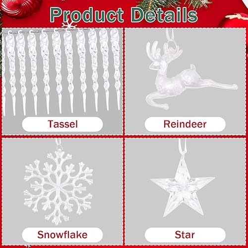 Miniatura 3 de 28 adornos de cristal para decoración de árbol de Navidad, acrílico colgante de Navidad, copos de nieve, carámbanos, renos, adornos de cristal para