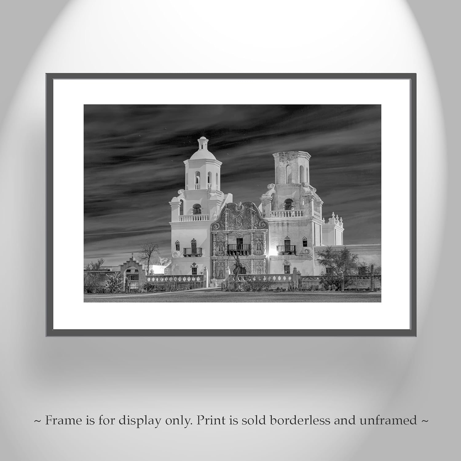 Black and White Photograph of San Xavier Tucson Arizona at Night as Southwestern Architecture Art Print