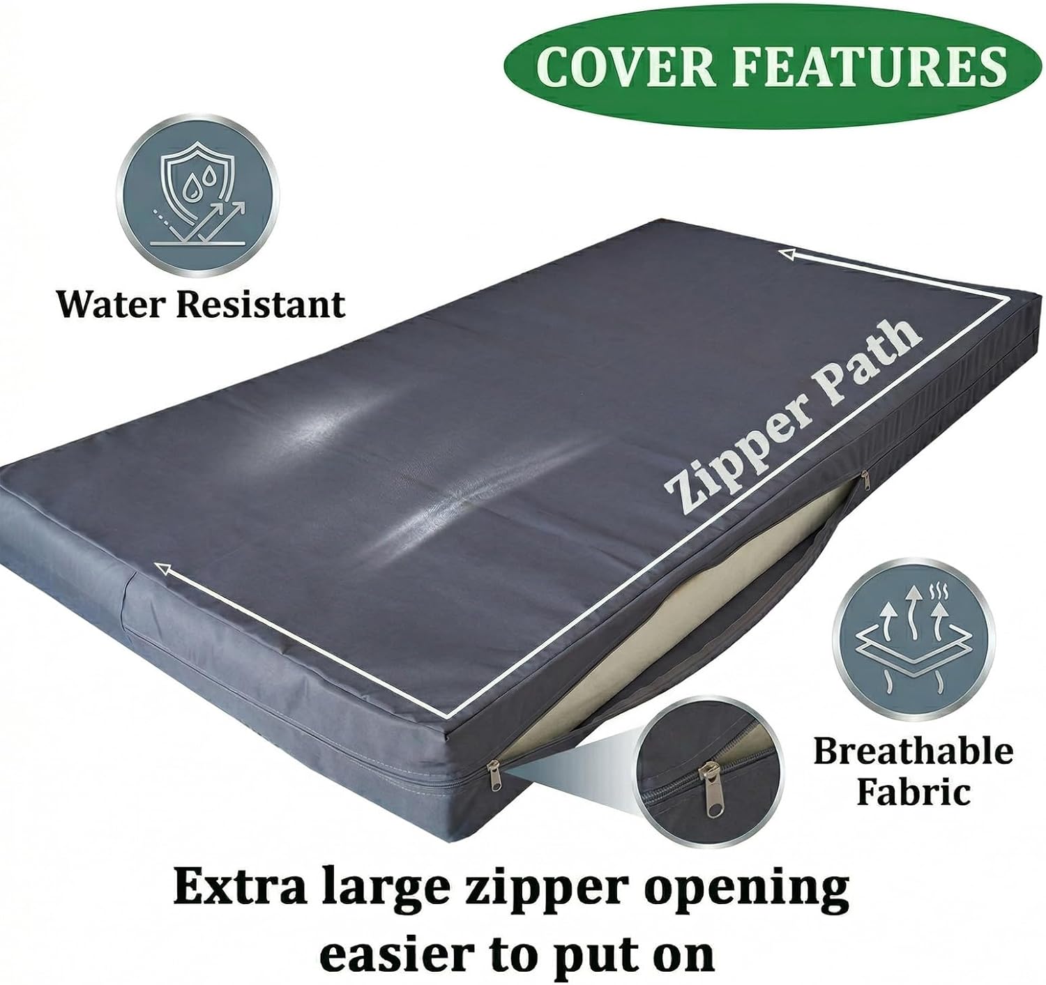 Cover Only-Outdoor Twin Size Daybed Cushion Cover for Porch Swing Bed 75×39×6" Mattress Pillow Slipcover Fitted Sheet with Widening Zipper Water Resistant Fabric-Only Cover (Black)