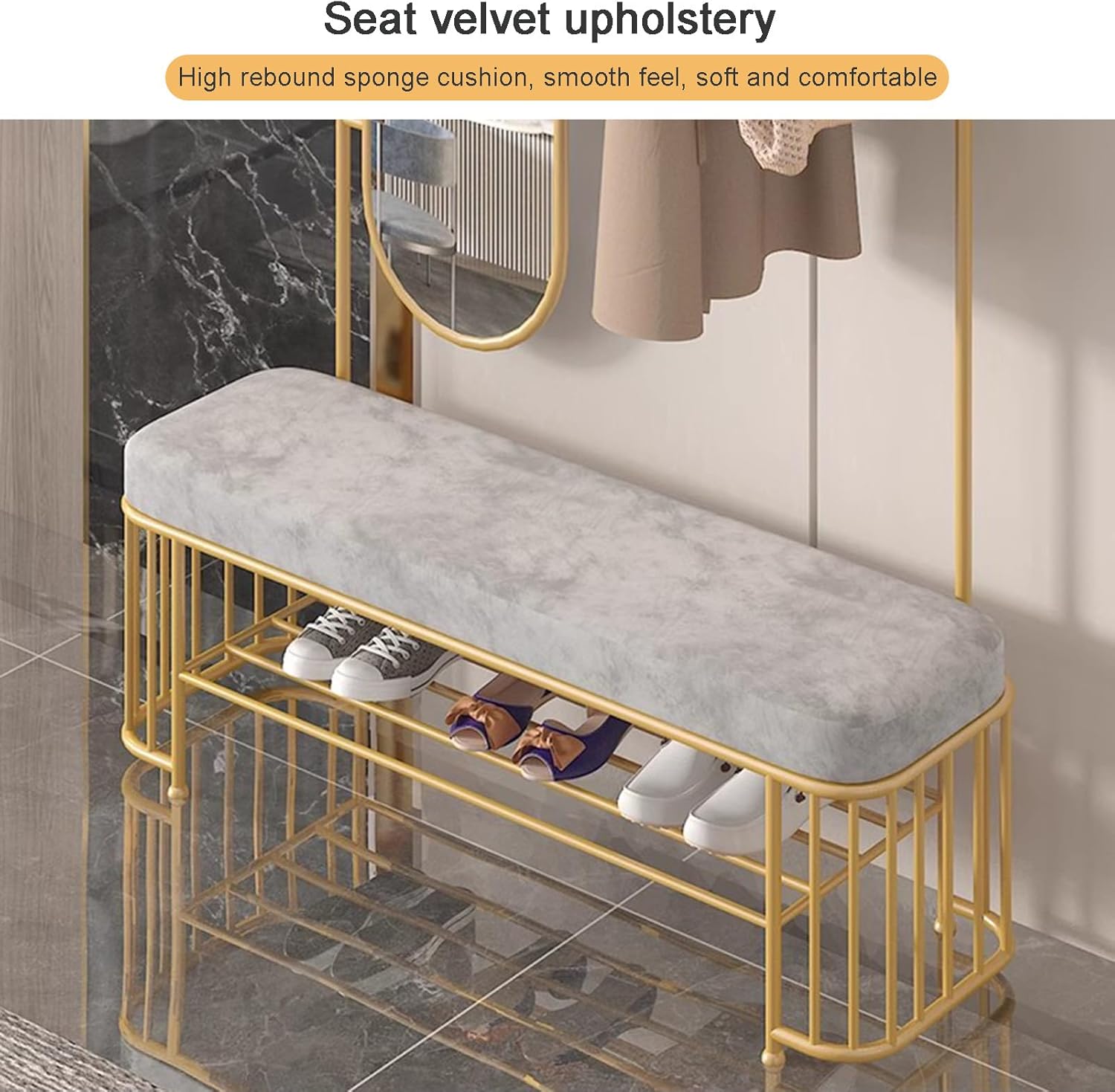 玄関ホールツリーシューズベンチ、5つのフックと2段の収納棚付き3-in-1