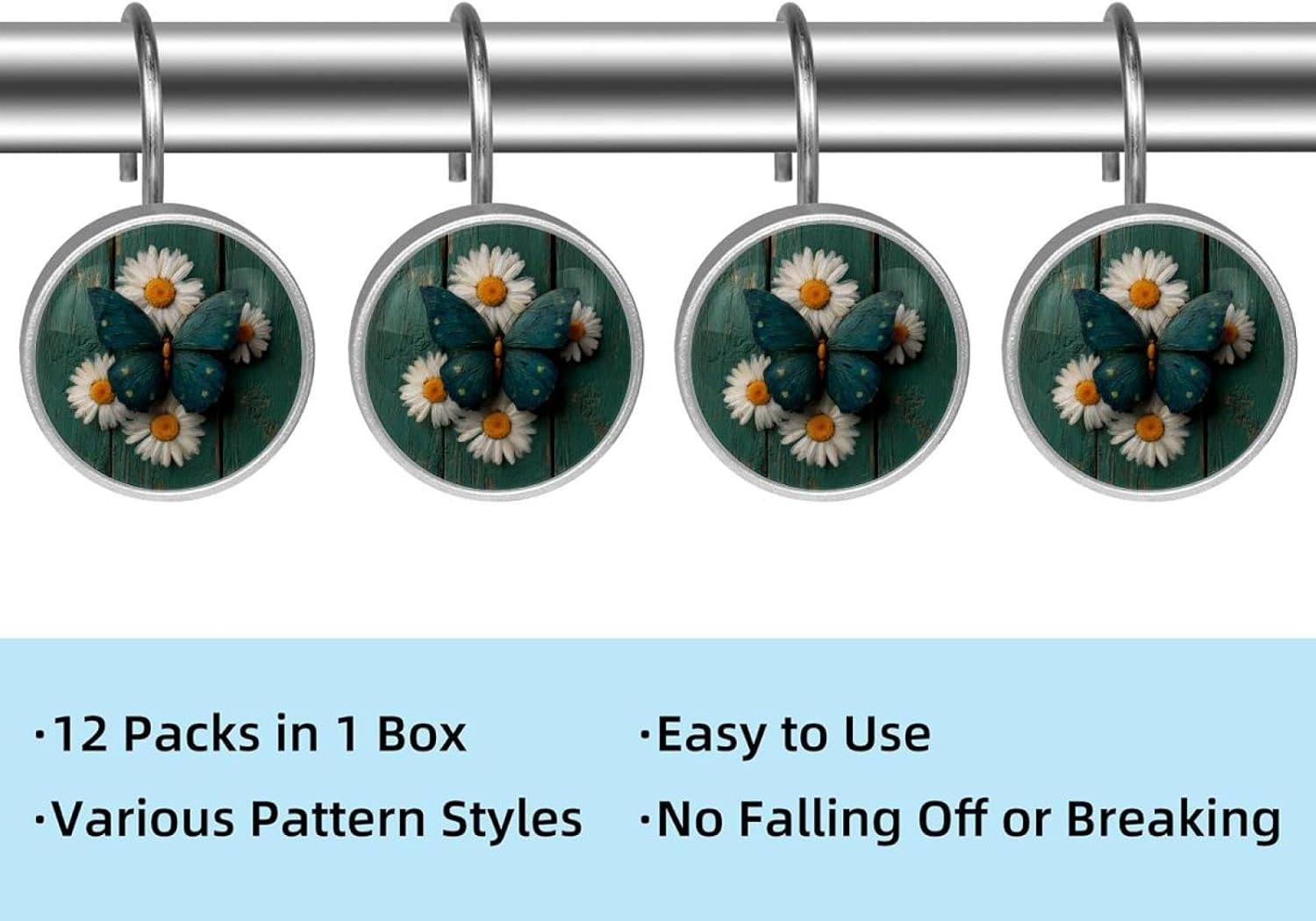 Daisy Butterfly on Rustic Teal Wooden Shower Curtain Hooks Rings, rustproof Stainless Steel for Bathroom Shower Rod, 12 Pack