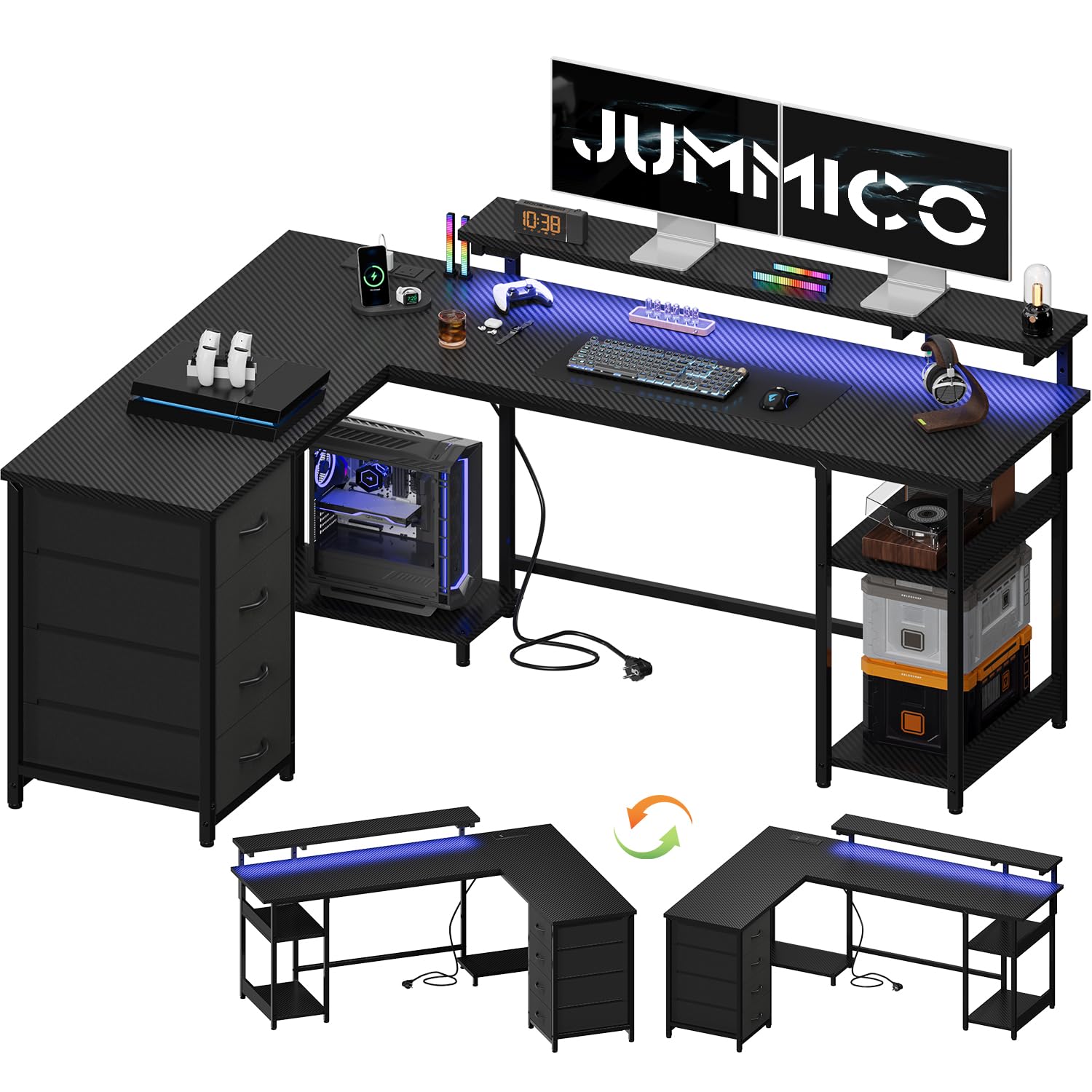 JUMMICO 155cm L‑Shaped Gaming Desk with Monitor Shelf & Power Outlets, Reversible Corner Computer Desk with Drawers & Storage Shelves for Home Office, Sturdy Steel Frame with LED Lights, Carbon Black