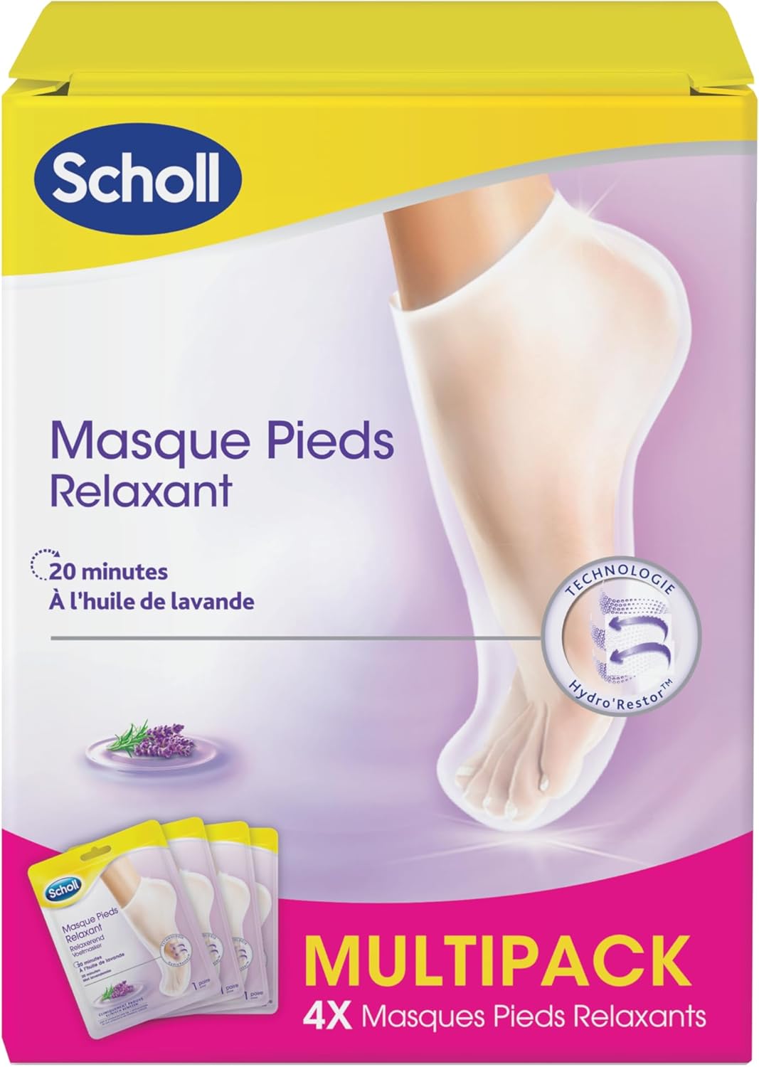 Scholl Set van 4 ontspannende voetmaskers met lavendel voor droge huid, voetverzorging, 4 paar voedende sokken