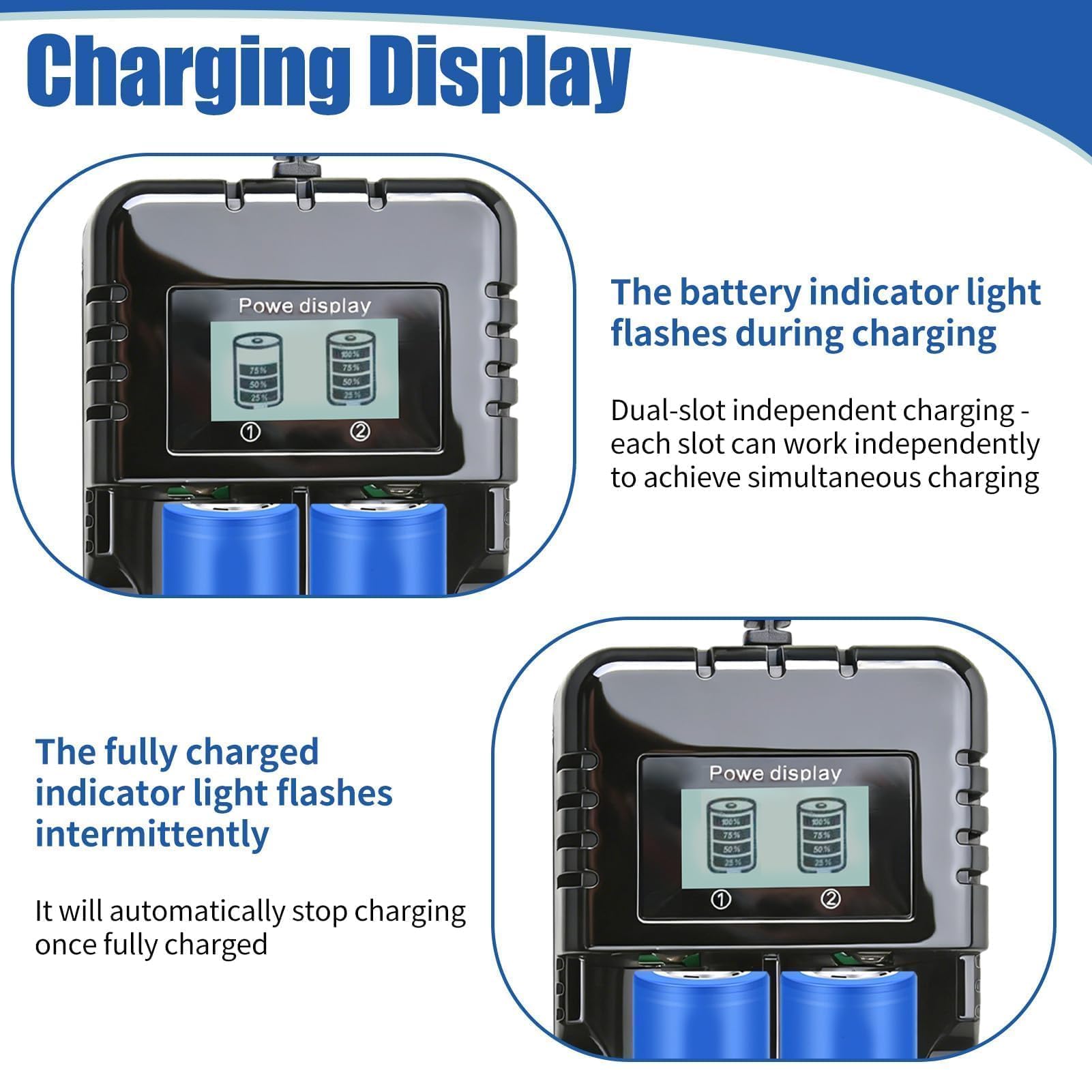 Cargador Pilas Recargables Inteligente con Pantalla LCD, Carga Rapida y Segura para Bateria 18650 26650 14500 16340, Cargador de Pilas Universal Independiente de 2 Ranuras para Li-Ion 3.7V Ni-MH — view 5