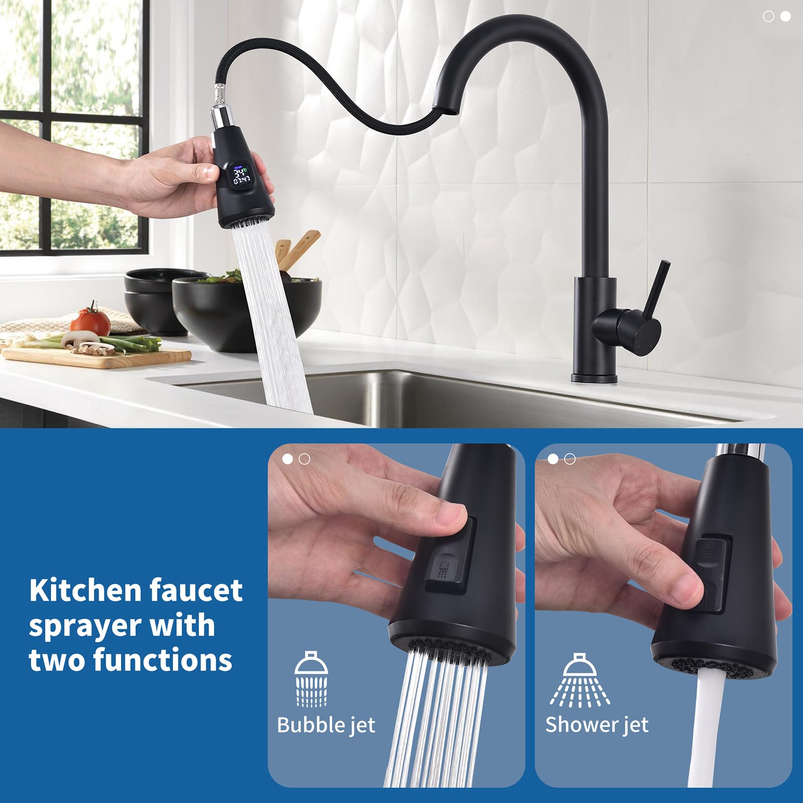 HOMELODY Wasserhahn Küche Schwarz mit LED Temperaturanzeige, Küchenarmatur Ausziehbar, Hochdruck Mischbatterie Spültischarmatur aus Edelstahl mit 2 Strahlarten, Einfache Installation