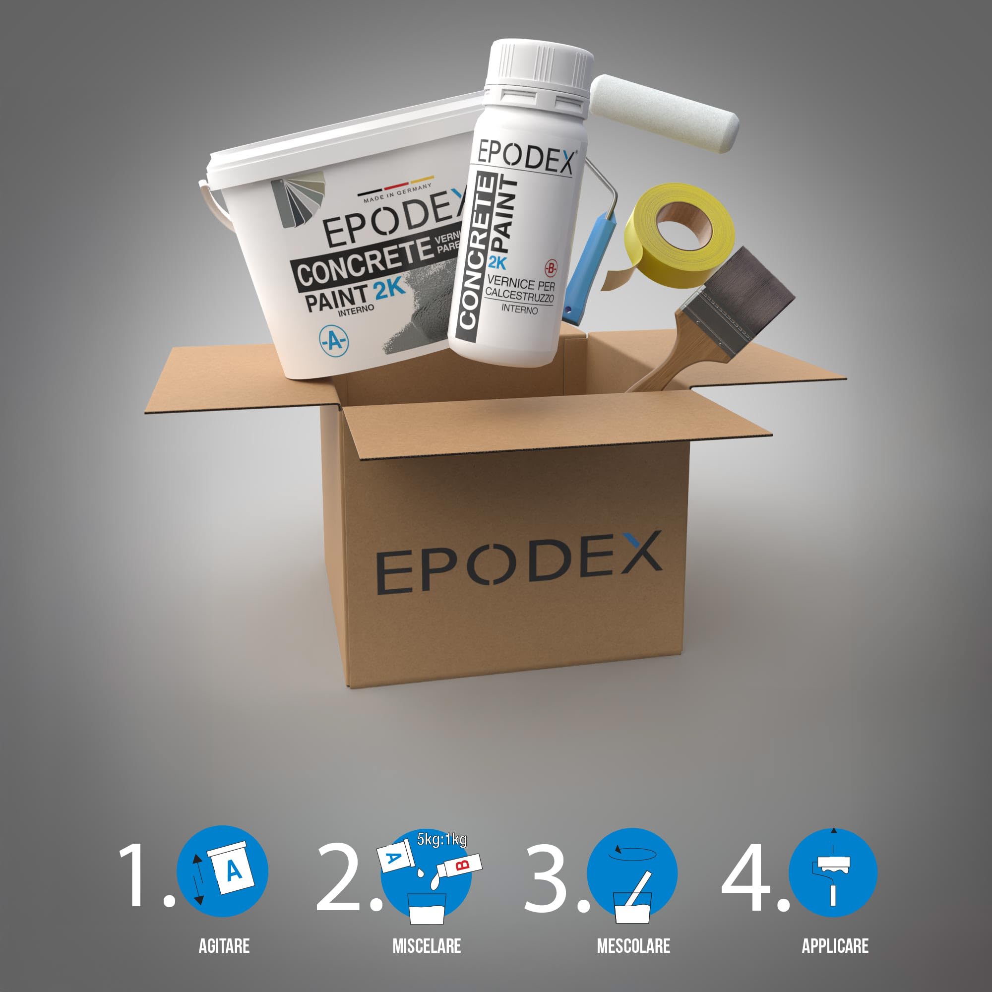 EPODEX 2K Vernice per calcestruzzo, Vernice per pavimenti interni in cemento, pavimento garage, cantina, officina, impermeabile, 1,8kg - 4,5m² per 2 mani - Industry