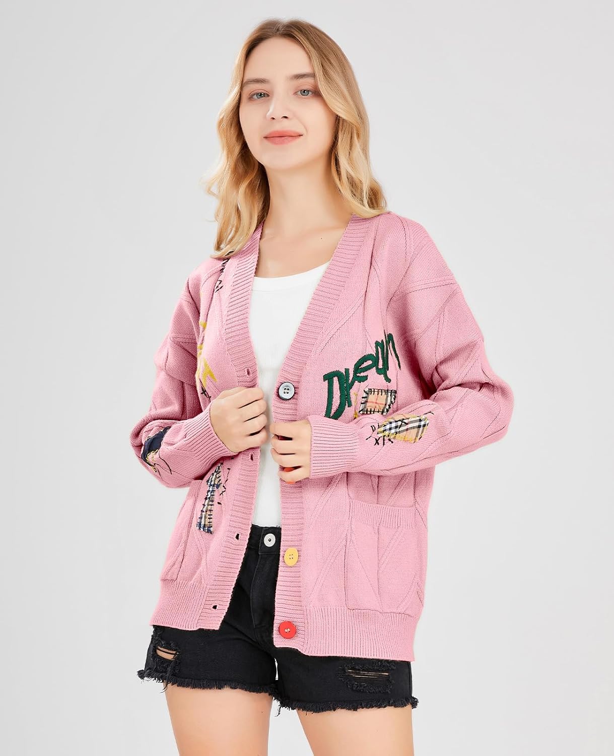 Women's Cable Knit Long Sleeve Open Front Cardigan Sheep V-Neck Button Down Embroidery Wool Blend Sweater Coat Outwear - Image 4