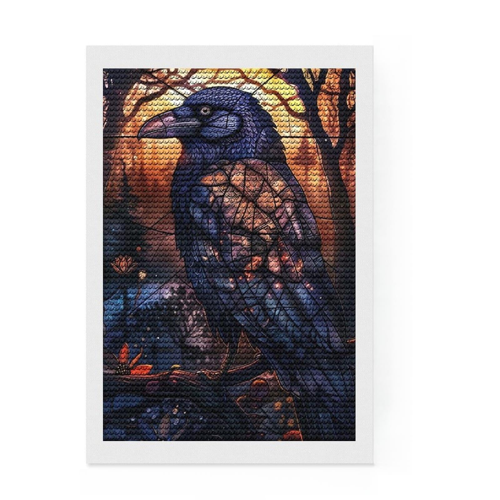 Junmoney Stained Glass Raven Round Drill Diamond Painting 8"x12", Cute Room Decor, Relaxing DIY, with Tool Kit, Thoughtful Present