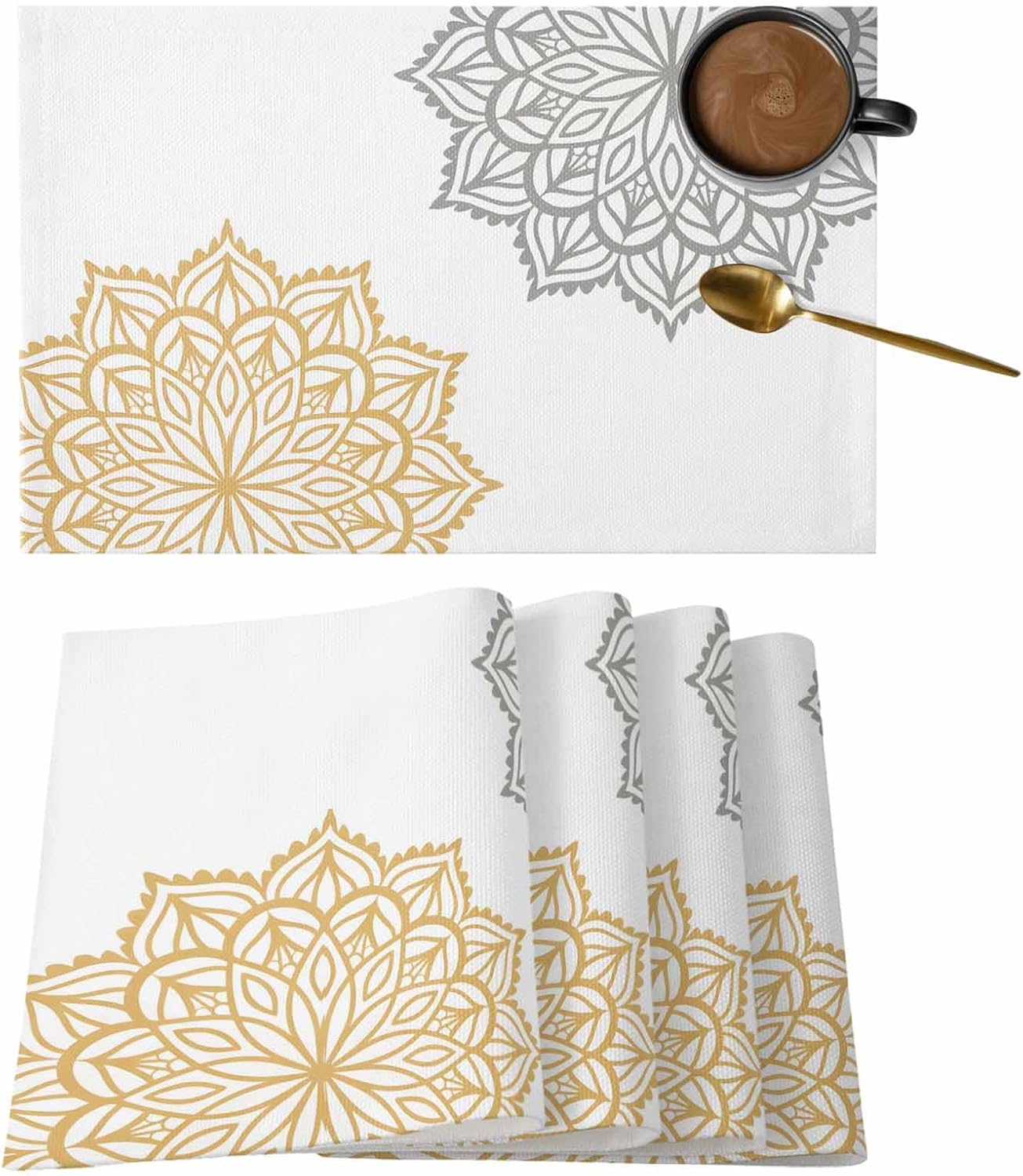 Dahlia Flowers Yellow Grey Placemats for Dining Table Set of 4, Elegant Dahlia Floral Table Mats Stain Resistant Heat Insulation Non-Slip Washable Table Decoration for Kitchen