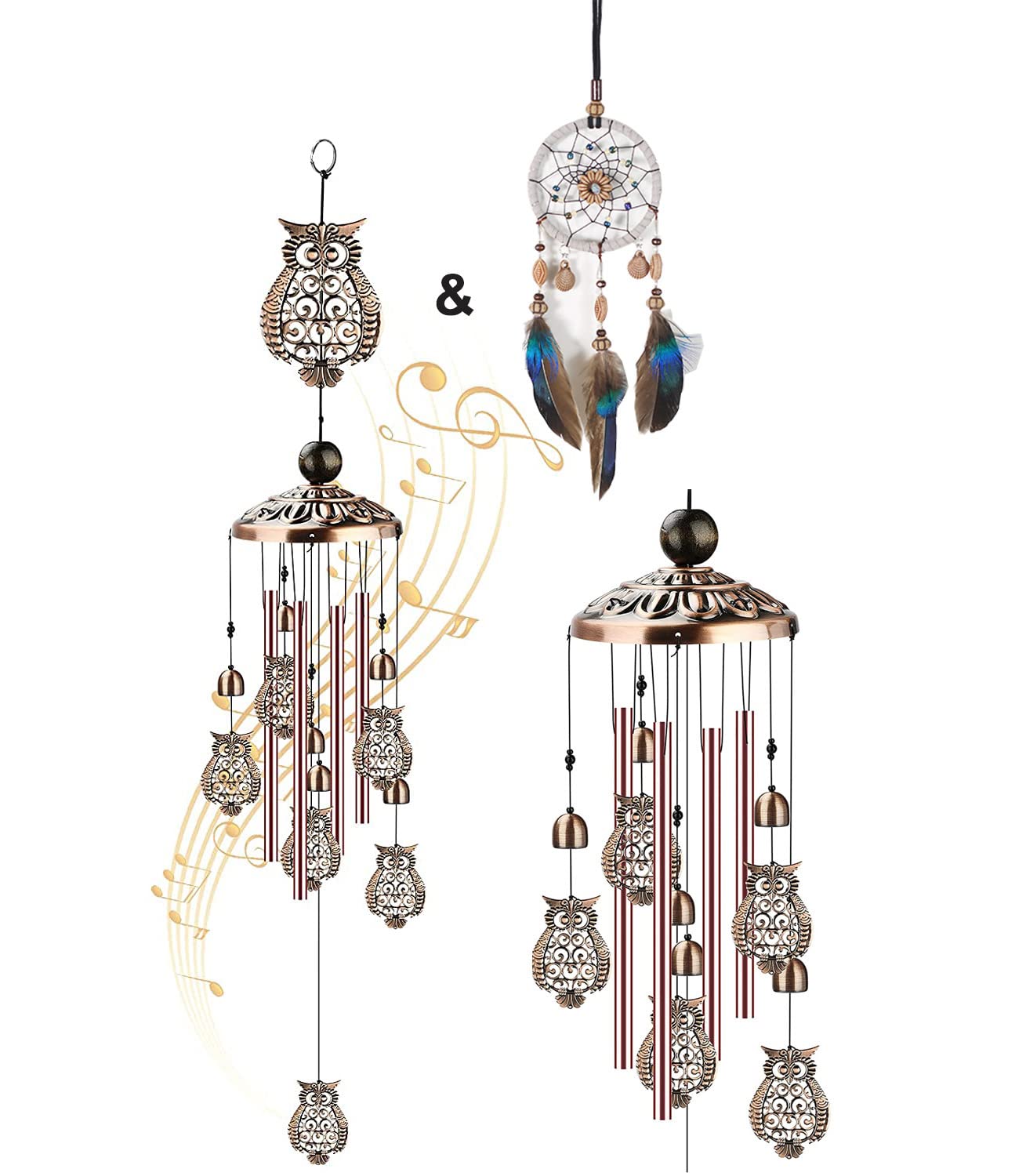 Owl Retro Metal Wind Chime and Dream Catcher Car Hanging ,Memorial Wind Bell Animal Wind Chime with S Shaped Hook for Indoor and Outdoor Decor Unique Gifts Garden Car Wall Hangings