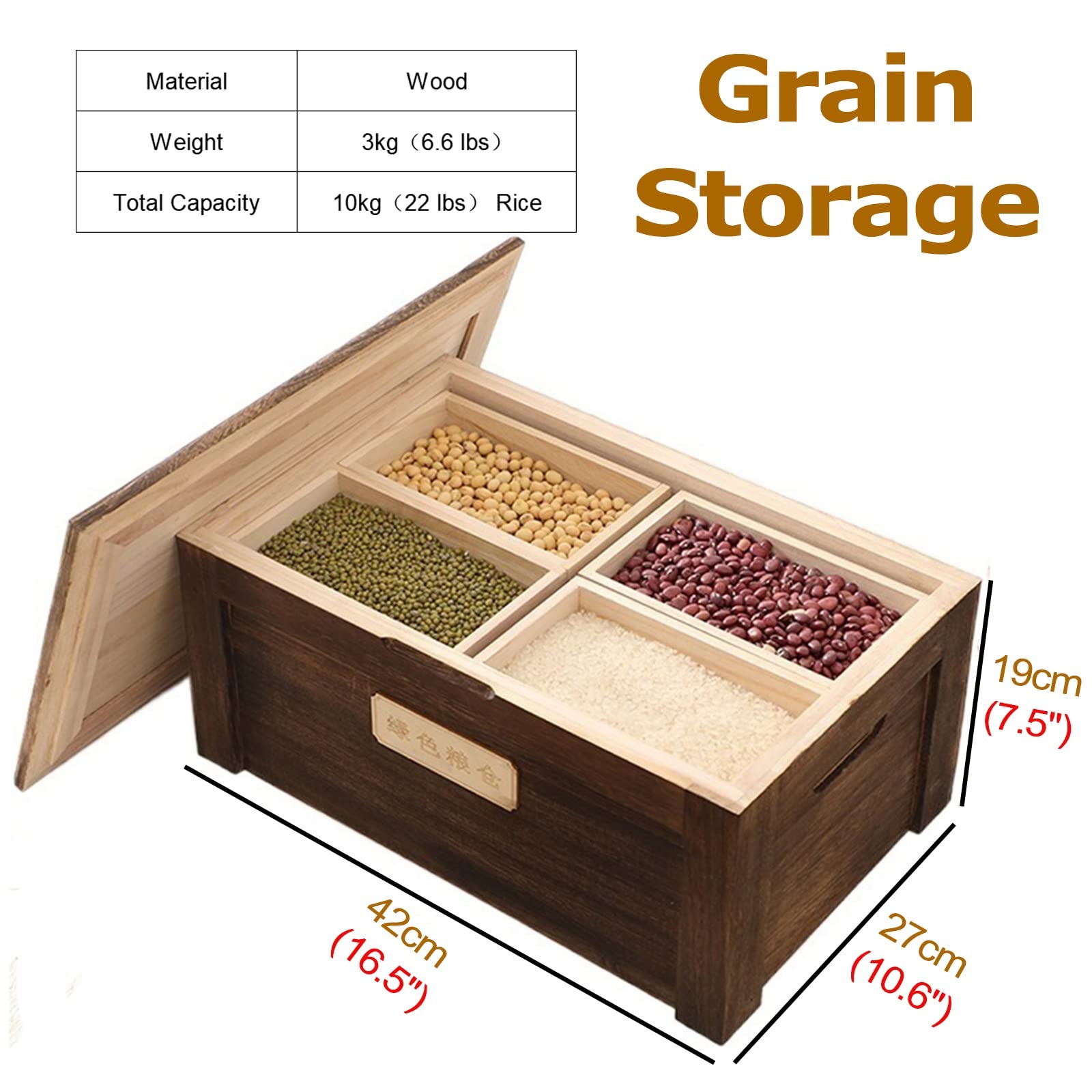 MLYYJH Contenitori per Alimenti Ermetici Dispenser per Fagioli in Legno con 4 Scomparti/coperchi – Piccolo Contenitore impilabile per Riso/Noci/soia/Cibo per Cani, capacità Totale 10 kg