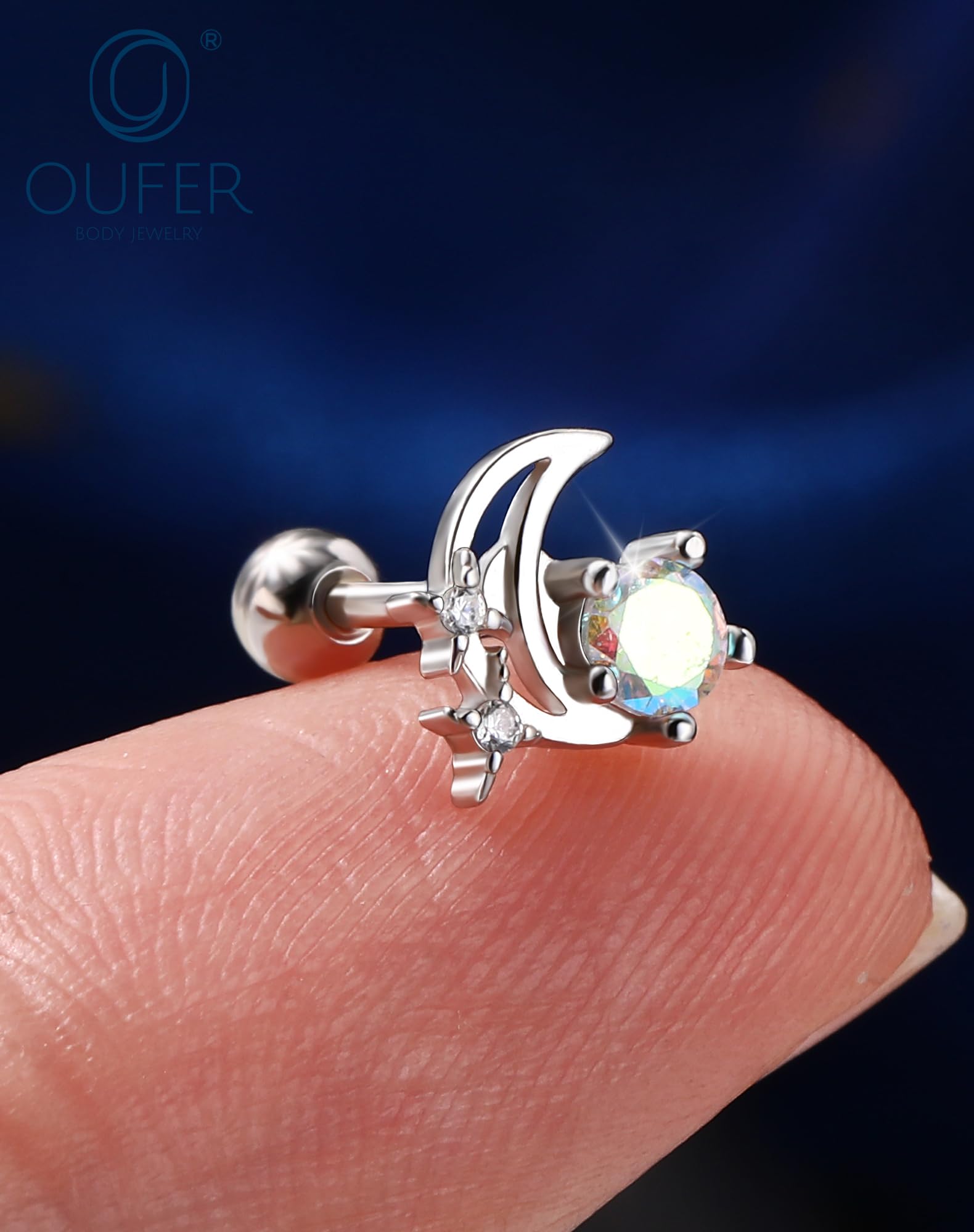 OUFER 18G Helix Piercing Gioielli Argento Sterling 925 Piercing Naso 6mm Luna Stella per Conch Tragus Stud Orecchini Cartilagine Labret Argento Oro per Donna