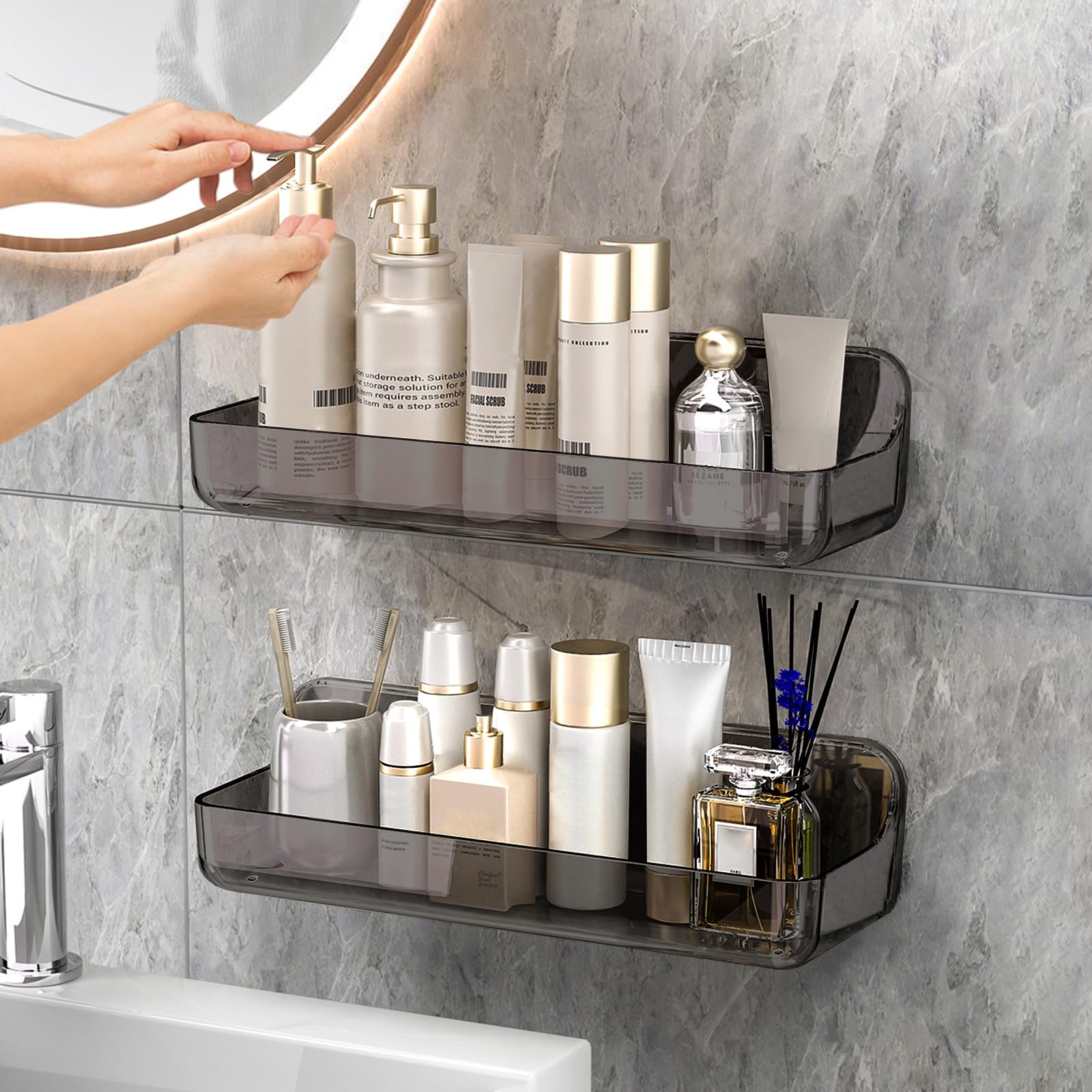 CGBE 2-Pack Acrylic Shower Shelves, Large Capacity Adhesive Shower Shelf, No Drilling Adhesive Bathroom Shelf with Drain Holes,Clear Wall Mount