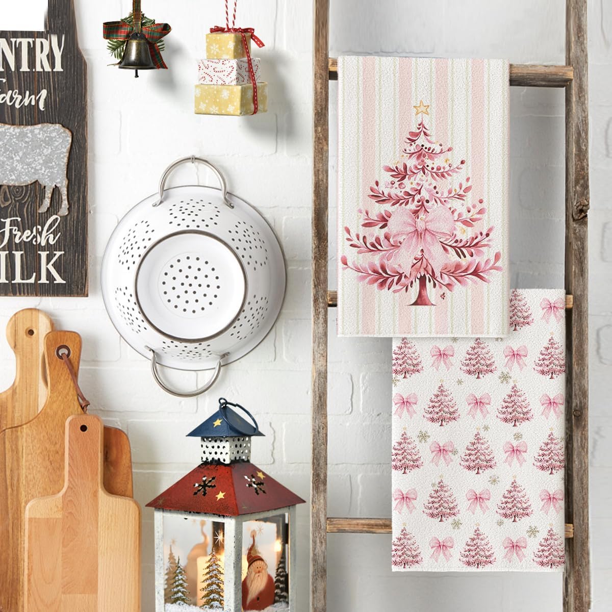 Artoid Mode Pink Porcelain Ornaments Xmas Tree Christmas Kitchen Towels Dish Towels, 18x26 Inch Farmhouse Holiday Winter Decoration Cleaning Set of 4 - Image 3