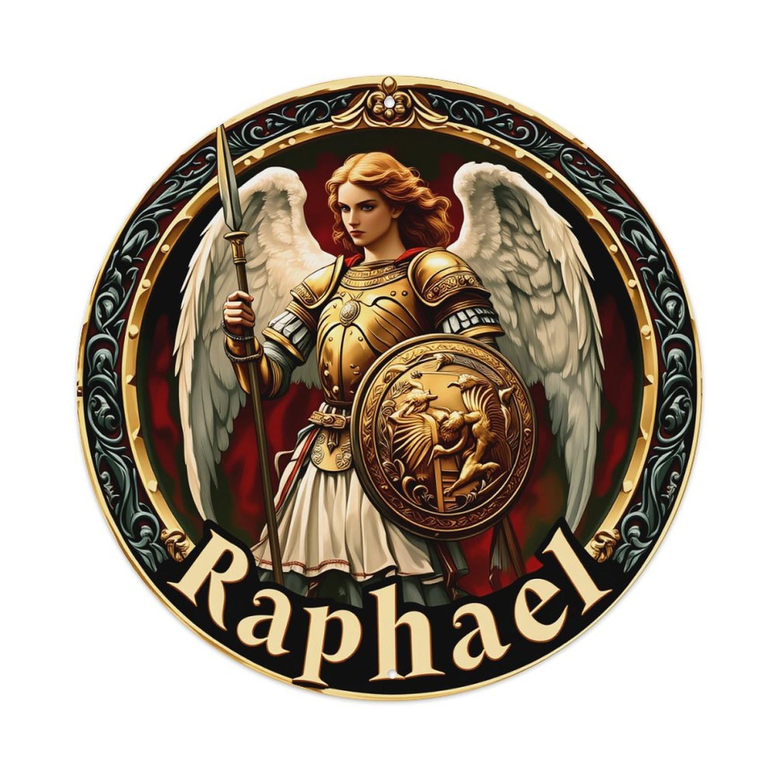 Angel Warrior With Spear And Shield Round Tin Sign Vintage Metal Poster, Home Bar Garage Man Cave Cafe Indoor & Outdoor Wall Decoration 8x8Inches