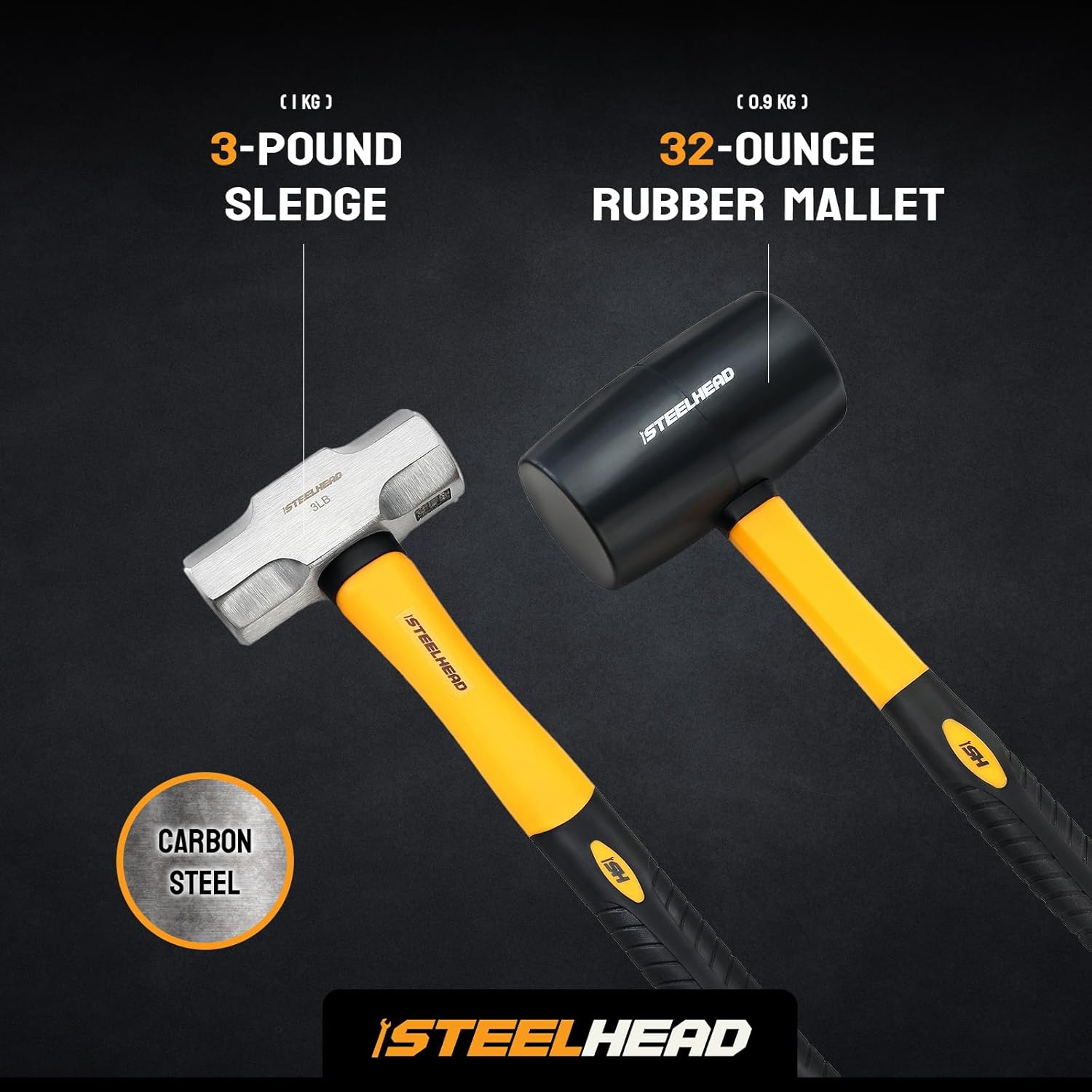 STEELHEAD 5-Piece Fiberglass Handle Hammer & Mallet Set - 16oz Ball-Peen, 32oz Ball-Pein, 32oz Rubber Mallet, 3lb Sledge, 3lb Cross-Pain - Metal Working, USA-Based Support