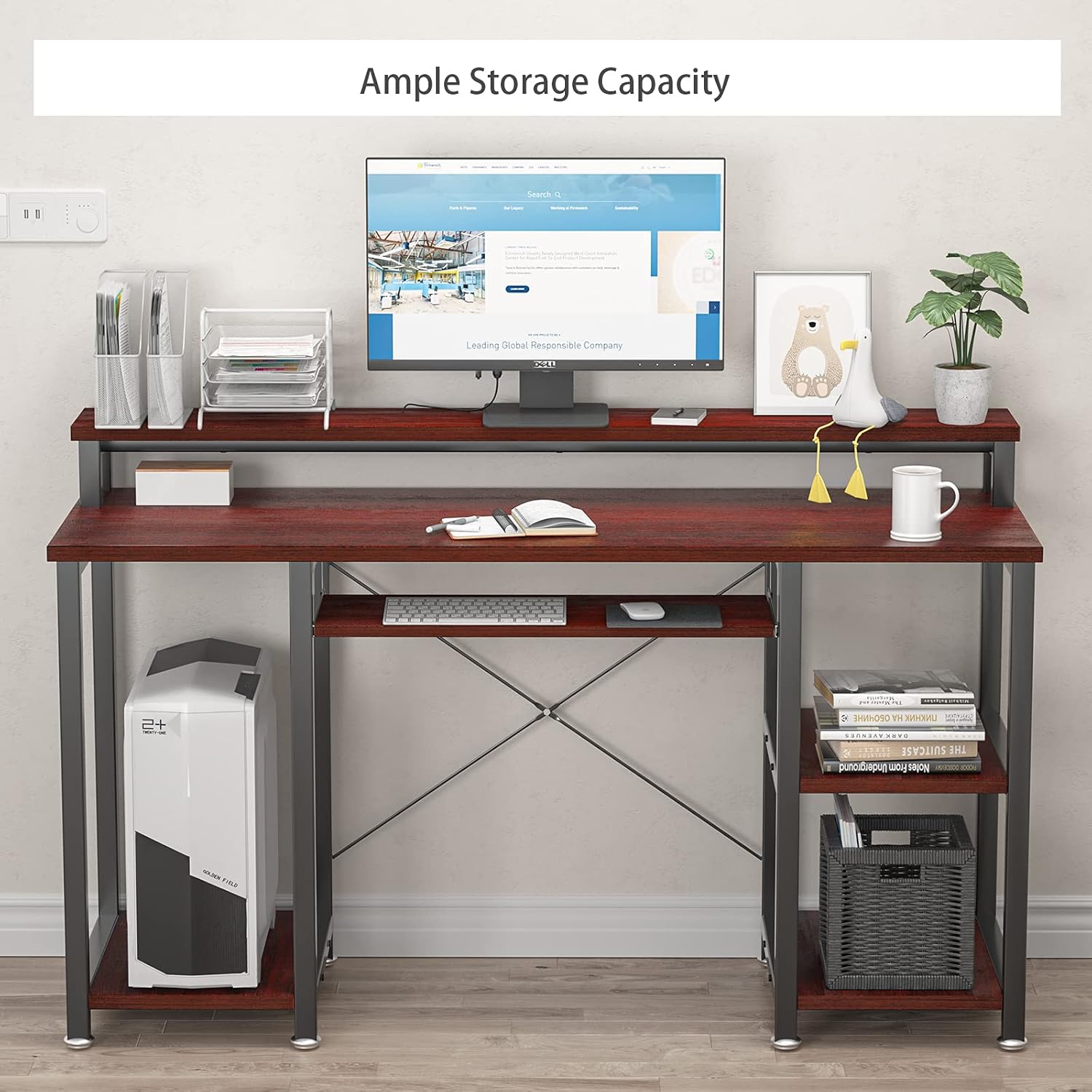 NOBLEWELL Computer Desk with Monitor Stand Storage Shelves Keyboard Tray，47" Studying Writing Table for Home Office (Cherry): Kitchen & Dining