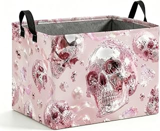 Pink Skull Storage Bins, 56L Laundry Hamper Foldable with Handles | Foldable Laundry Hamper Storage Basket with handles, large capacity, space-saving organizer for clothes, toys & home use