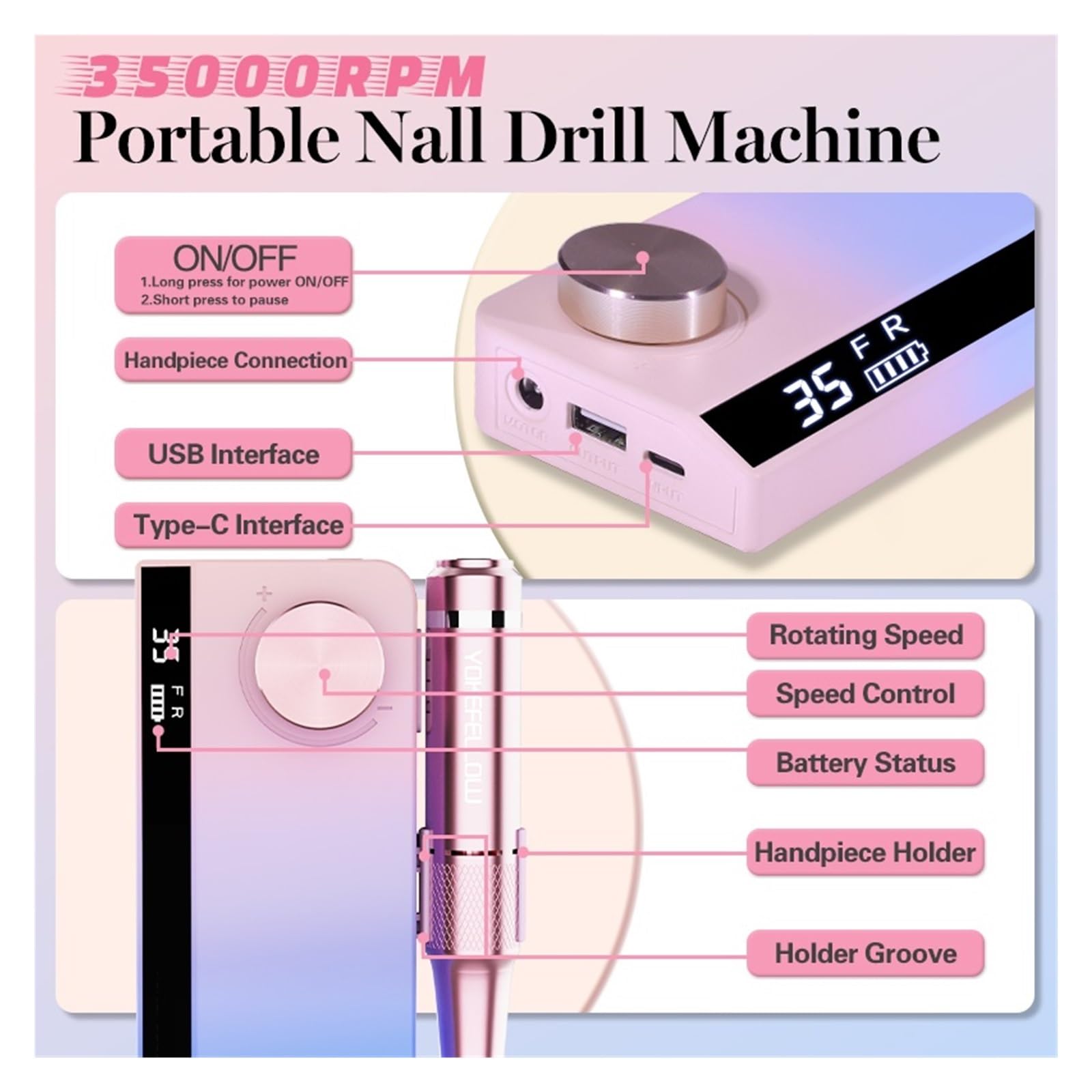 Taladro de uñas portátil de 35000RPM for Gel acrílico, taladro de uñas recargable, aparato eléctrico for manicura y pedicura(Pink)