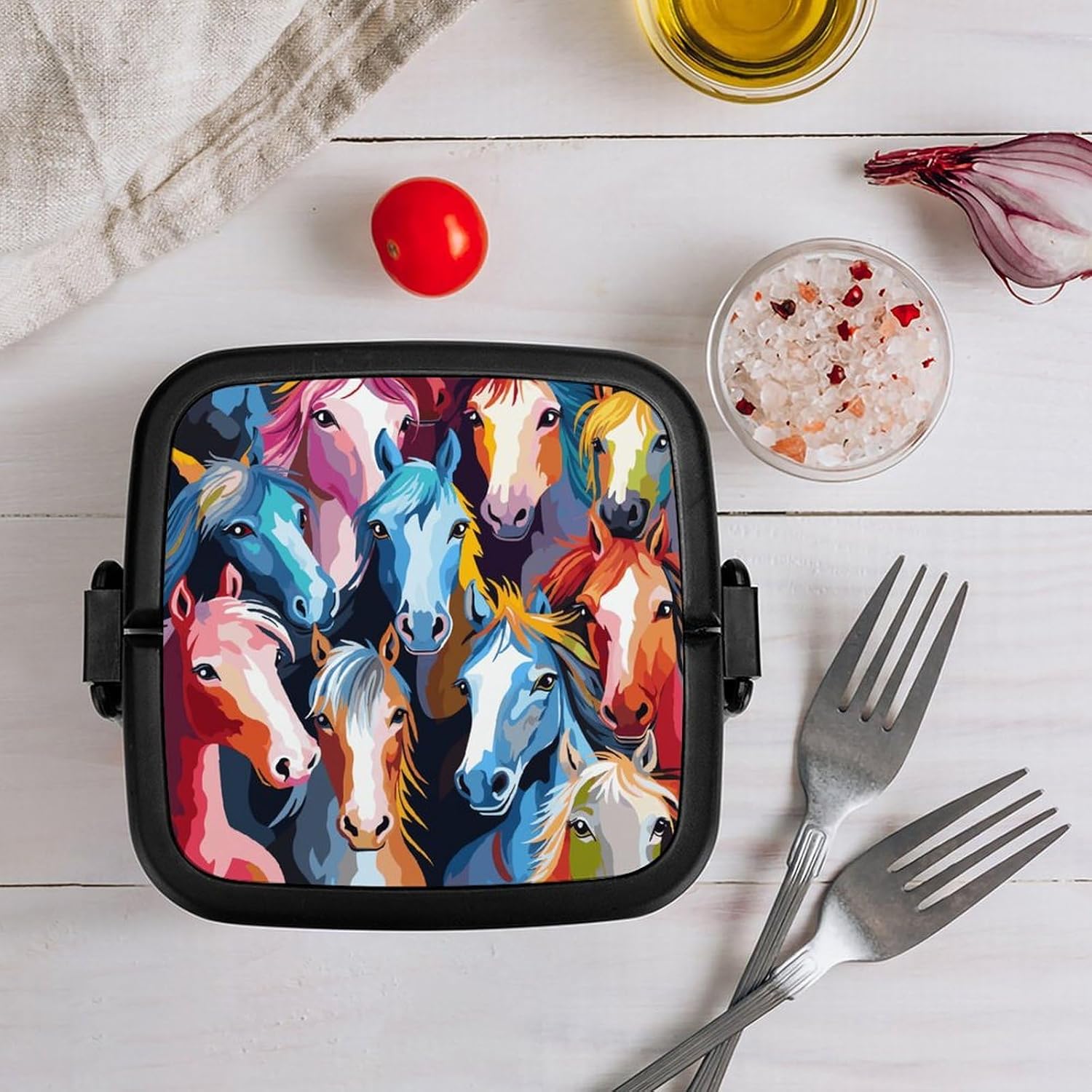 Colorful Cartoon Horses Lunch Box Double Layer Bento Box with Leak-Proof Lid & Removable Dividers Lunch Container