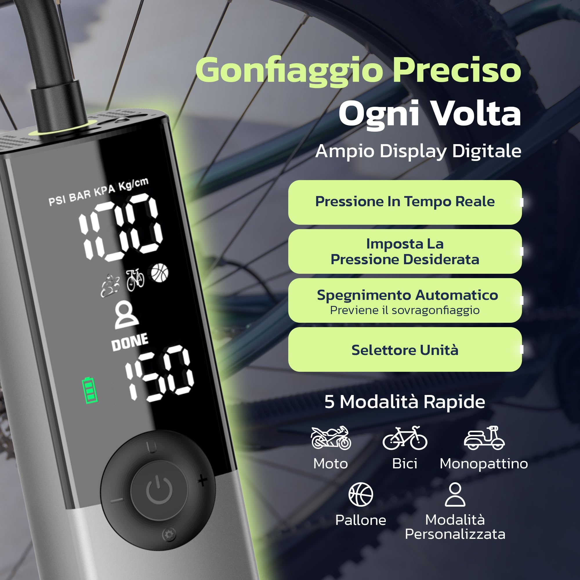 Woowind Ventus Ride Pompa Elettrica per Bicicletta, 150 PSI, 10,3 Bar, Portatile, Compressore Aria, Presta, Schrader, MTB, e-bike