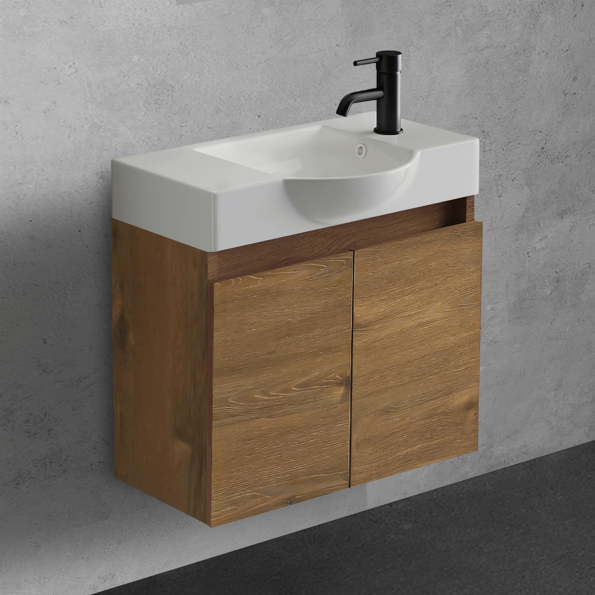 Alpenberger Waschtisch mit Unterschrank 55 cm Breit | Waschbecken mit Unterschrank Bad Möbel Modern Set | Kleines Waschbecken Gäste WC Möbel | Waschbeckenunterschrank Badezimmermöbel (Eiche)