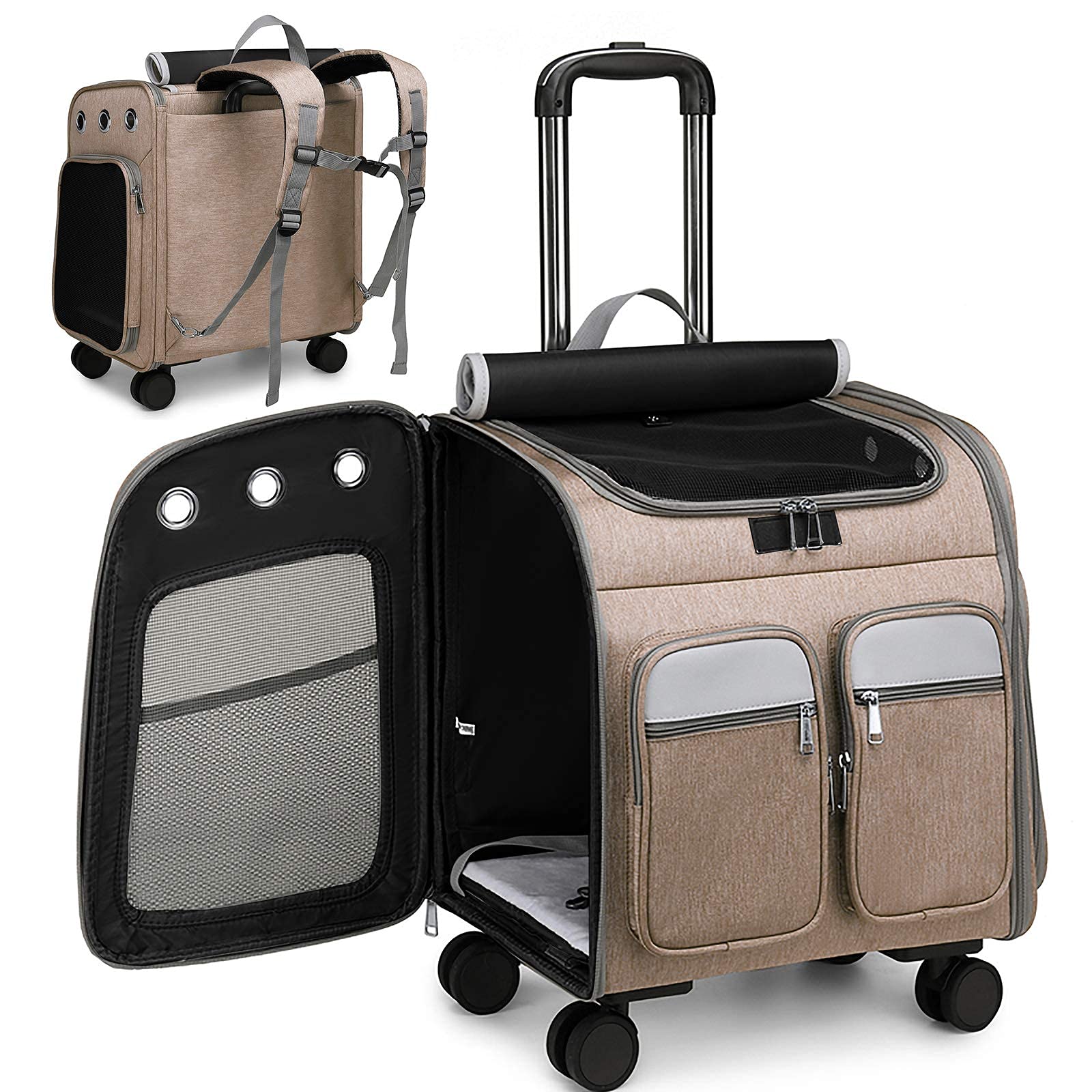 Mochila con ruedas para mascotas, carrito de viaje, asiento de coche, para perros, gatos, cachorros, mochila con cambio de rodillo, ventana de ventilación, bolsa de almacenamiento (marrón)