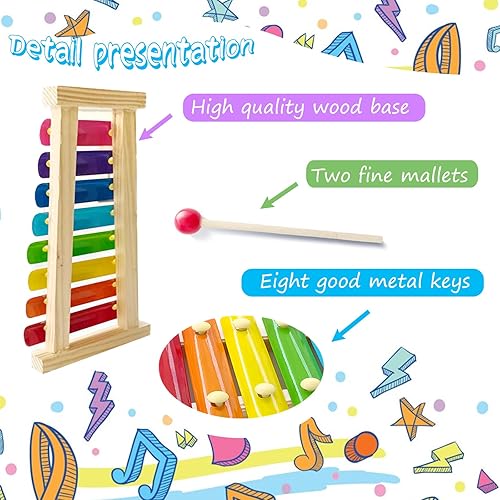 Miniatura 3 de Xilófono de madera para niños, juguete de xilófono para niños pequeños con 2 mazos seguros para niños, 8 llaves diatónicas, instrumentos musicales