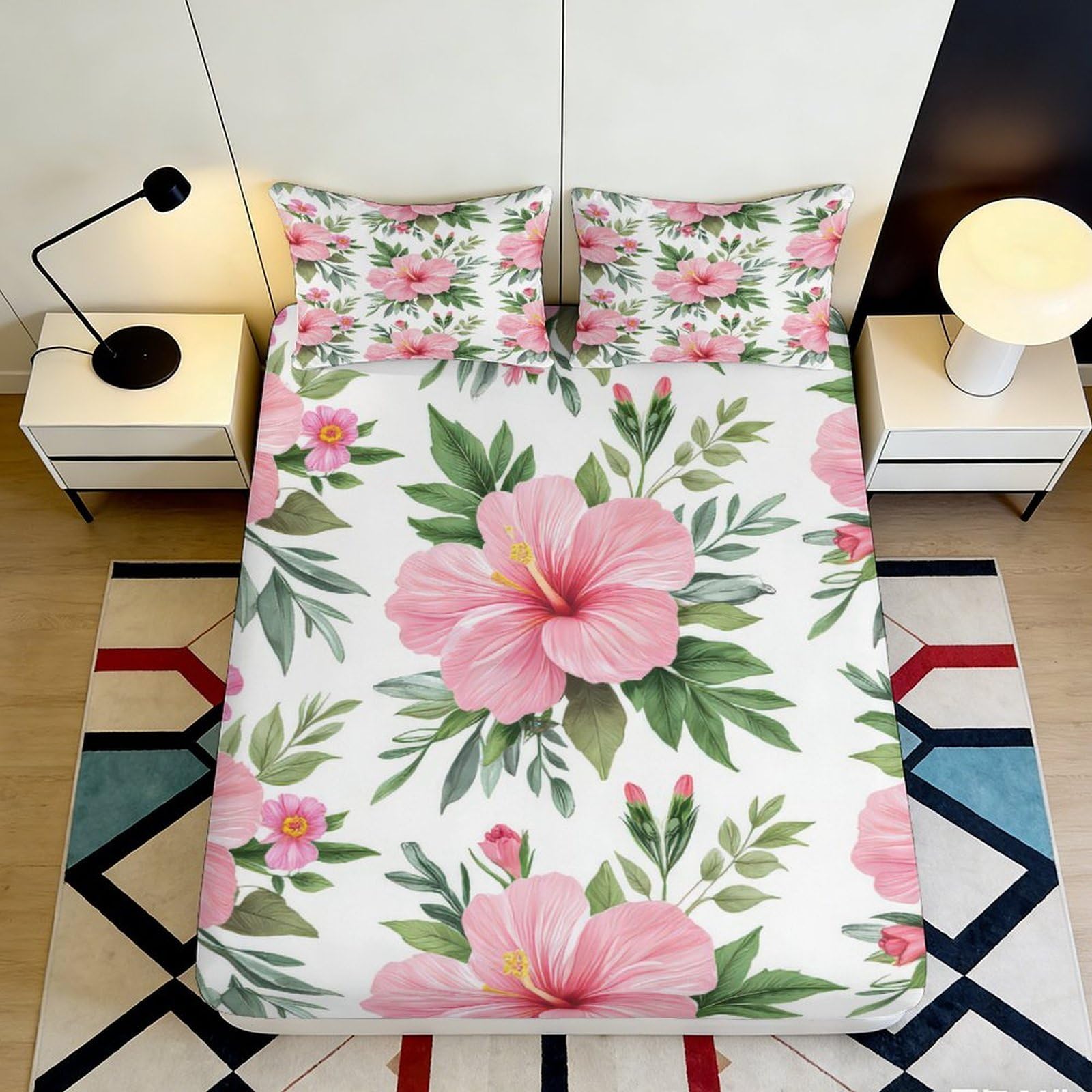 Floral Decor Fitted Sheet Pink Hibiscus 3D Printed Microfiber Soft Touch, Bed Cover for Bedroom Guest Room, Easy Care, Apartment Bedding 90x200x25cm