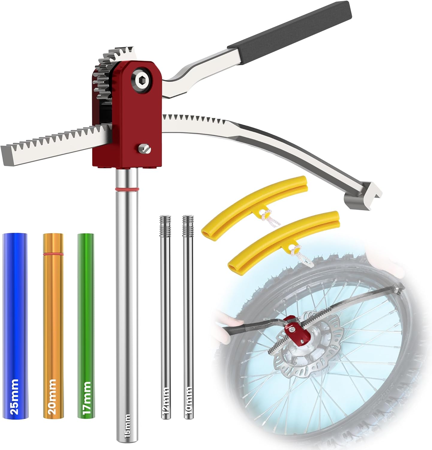 Dirt Bike Tire Changing Tool Kit, Portable Tire Mounting Stand for 16"-21" Wheels, Fits 10-25mm Axles, Heavy-Duty Steel Construction, Foldable Design, Red