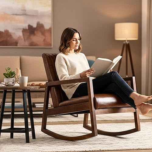 Miniatura 3 de VESCASA Mecedora tapizada con respaldo copetudo de canal, moderna y cómoda de mediados de siglo con cera de aceite de piel sintética con marco de