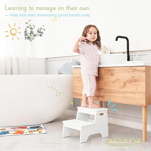 Miniatura 2 de Taburete de madera para baño de niños, taburete blanco para encimera de cocina, taburete pequeño de 2 escalones para inodoro, orinal, guardería,