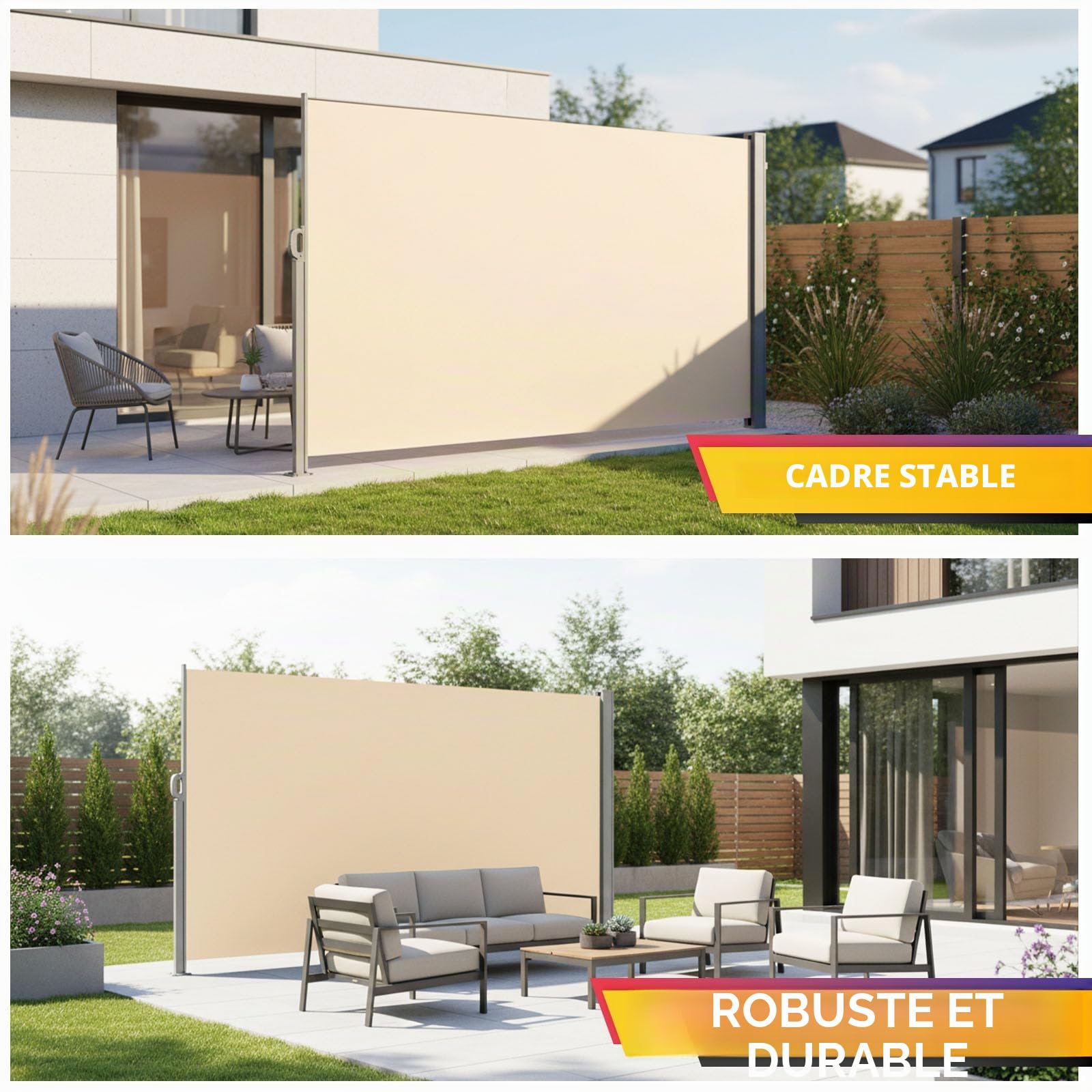 Floordirekt Store latéral en aluminium, 180 x 450 cm, beige, extensible, brise-vue et protection solaire, pour balcon et terrasse, polyester 280 g/m² (PU), protection UV UPF50+, avec support au sol