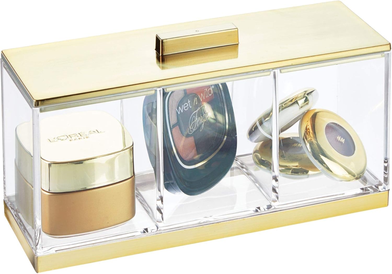mDesign Cosmetic Divided Organizer Storage Canister Box with 3 Sections and Lid for Bathroom Vanity Countertop - Holder for Cotton Swabs, Perfume, Lipstick - Lumiere Collection - Clear/Soft Brass