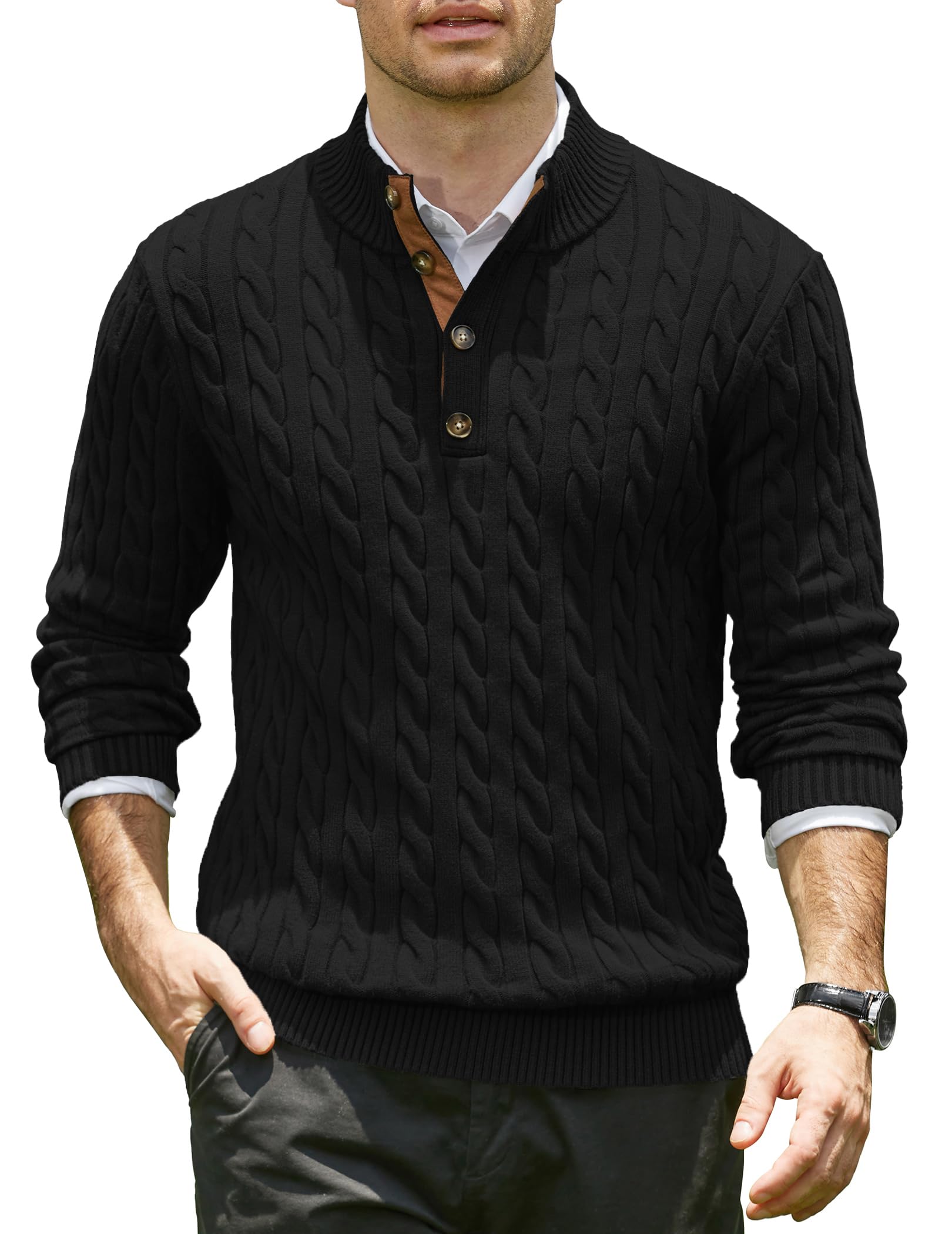 coofandy COOFNDY Mens Cable Knitted Pullover Sweaters Casual Long Sleeve Stand Collar Button Up Knit Sweaters-picture-10