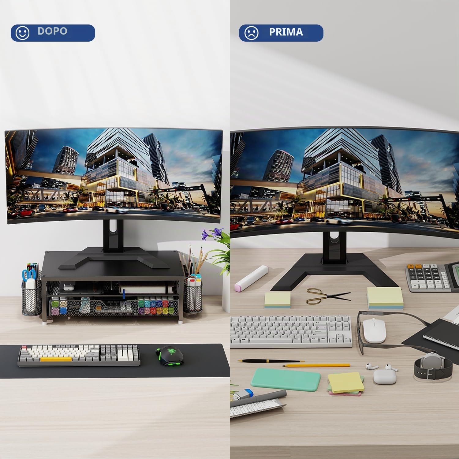 Supporto per monitor in metallo, per scrivania da ufficio con mensola, organizer per ufficio, organizer da scrivania con cassetto e portapenne, supporto per computer a 2 livelli, per iMac, PS4, PC