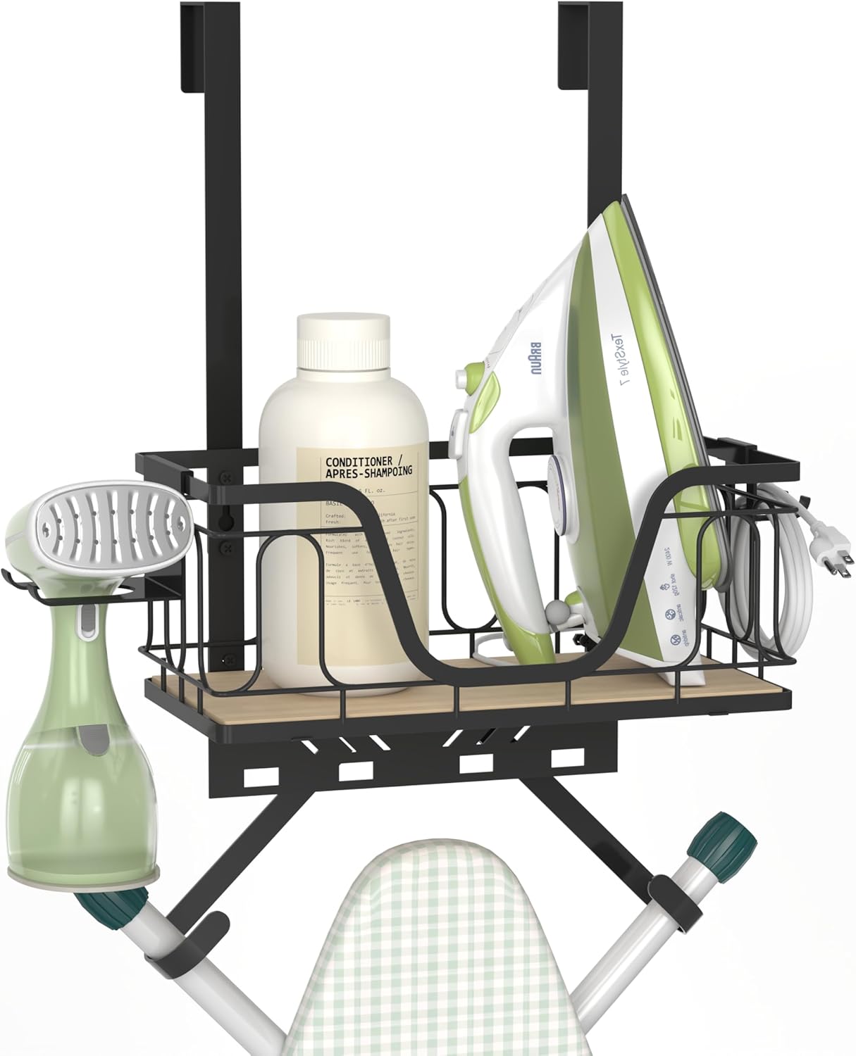 Ironing Board Hanger, CUFURNIX 2-in-1 Wall-Mount & Over-Door with Large Basket & Side Hooks, Black, Fits T&Y Shaped Legs, Space Saving Iron Holder for Laundry, Sewing Room Decor and Accessories