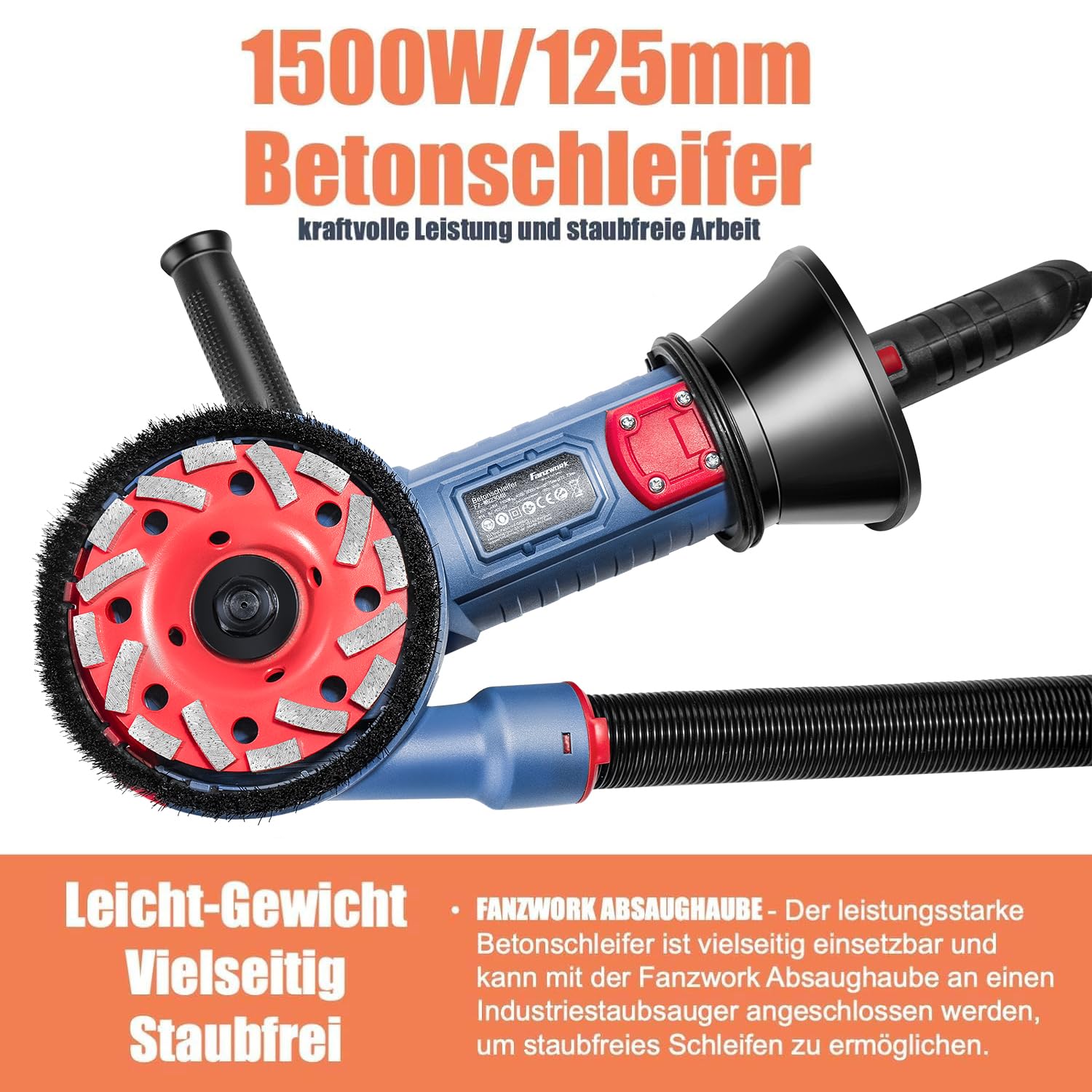 FANZWORK 1500W Betonschleifer Betonfräse Set, Drehzahlregelbar, inkl. Premium 125mm Diamantschleiftopf, Absaughaube, T-Förmiger Griff (Mit 2x125mm Schleiftöpfe)