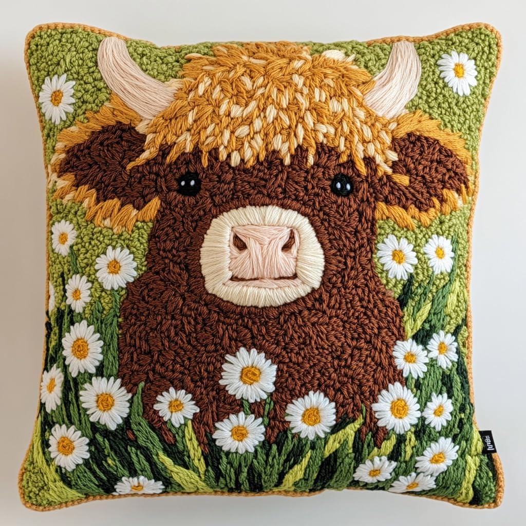 DIY Punch Needle Pillow Kit Cute Highland Cow Daisy Flowers with Pattern and Hoop Handmade Embroidery Punch Needle Starter Pillowcase Set for Home Sofa Decor 43x43cm-1-70