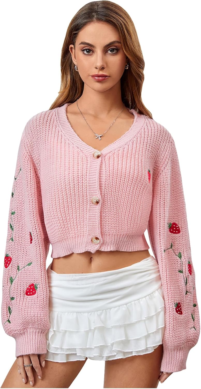 MakeMeChic Women's Strawberry Embroidery Cardigan Sweaters Kawaii Lantern Sleeve Button Down Cropped Cardigan
