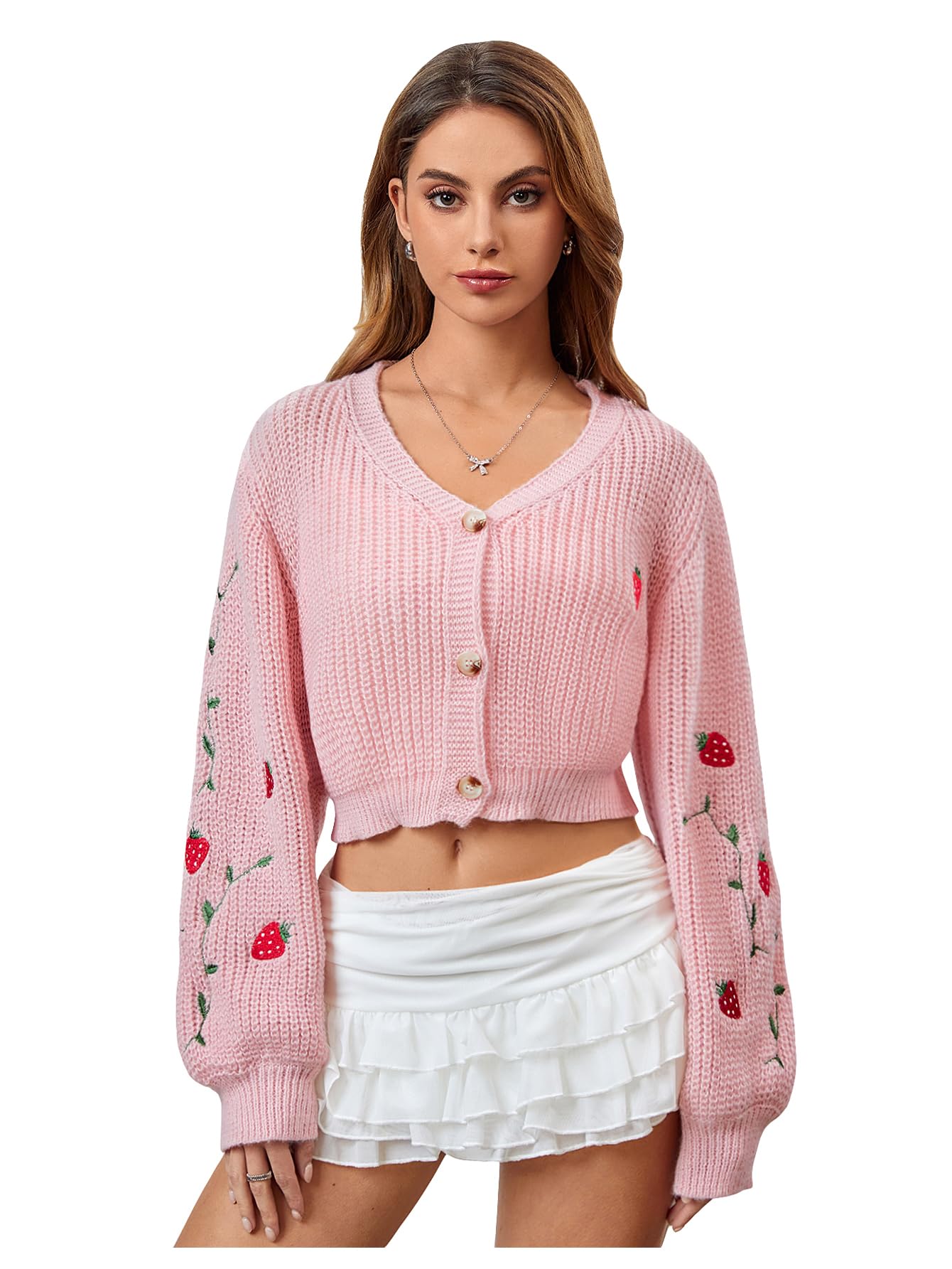 MakeMeChic Womens Strawberry Embroidery Cardigan Sweaters Kawaii Lantern Sleeve Button Down Cropped Cardigan